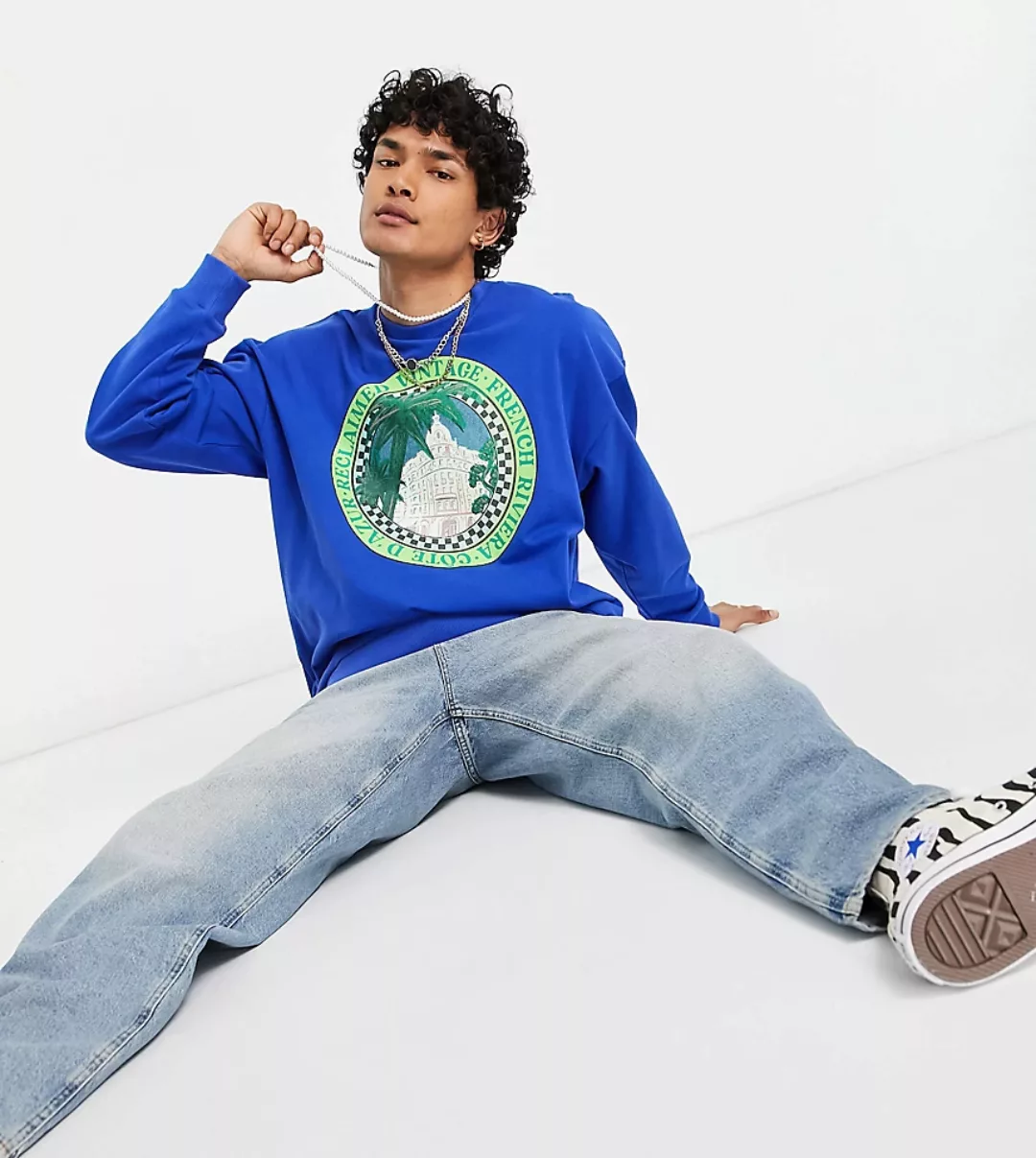 Reclaimed Vintage Inspired – Sweatshirt in Blau mit Französisch-Riviera-Pri günstig online kaufen