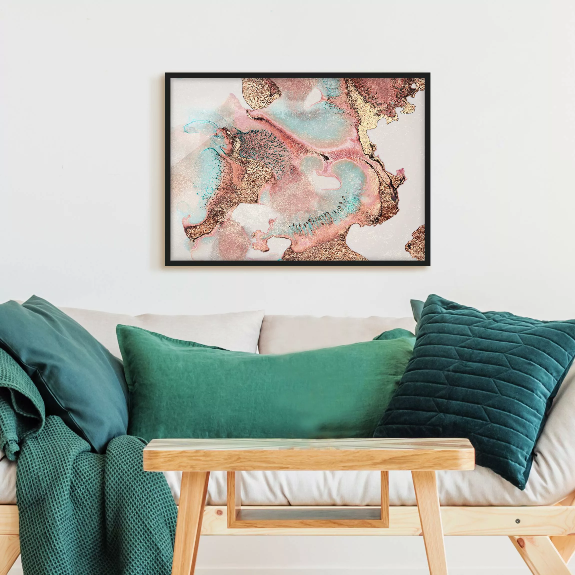Bild mit Rahmen Abstrakt - Querformat Goldenes Aquarell Rosé günstig online kaufen