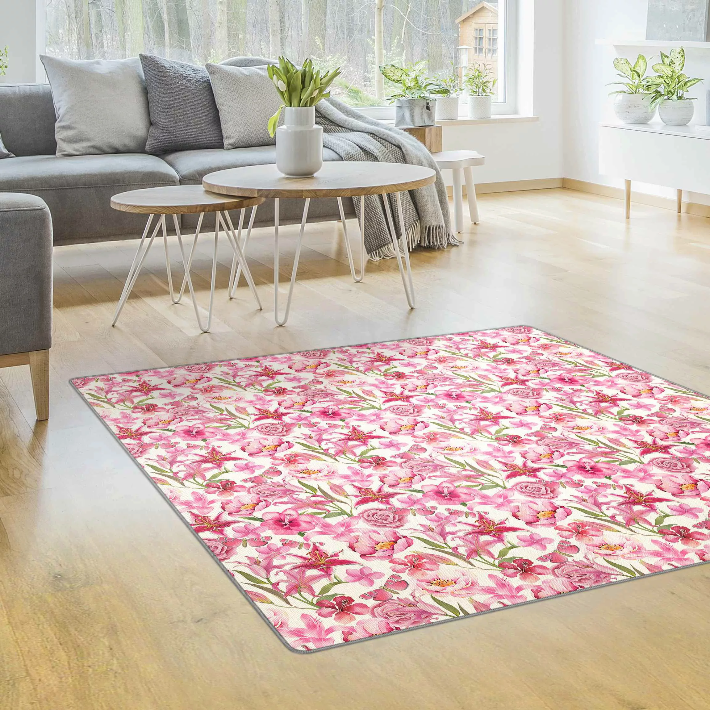 Teppich Pinke Blumen mit Schmetterlingen günstig online kaufen