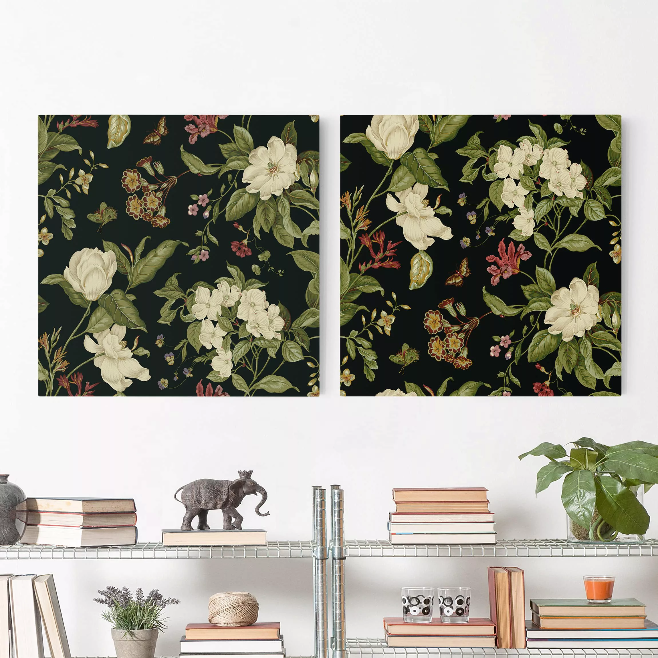 2-teiliges Leinwandbild Blumen Gartenblumen auf Schwarz Set I günstig online kaufen