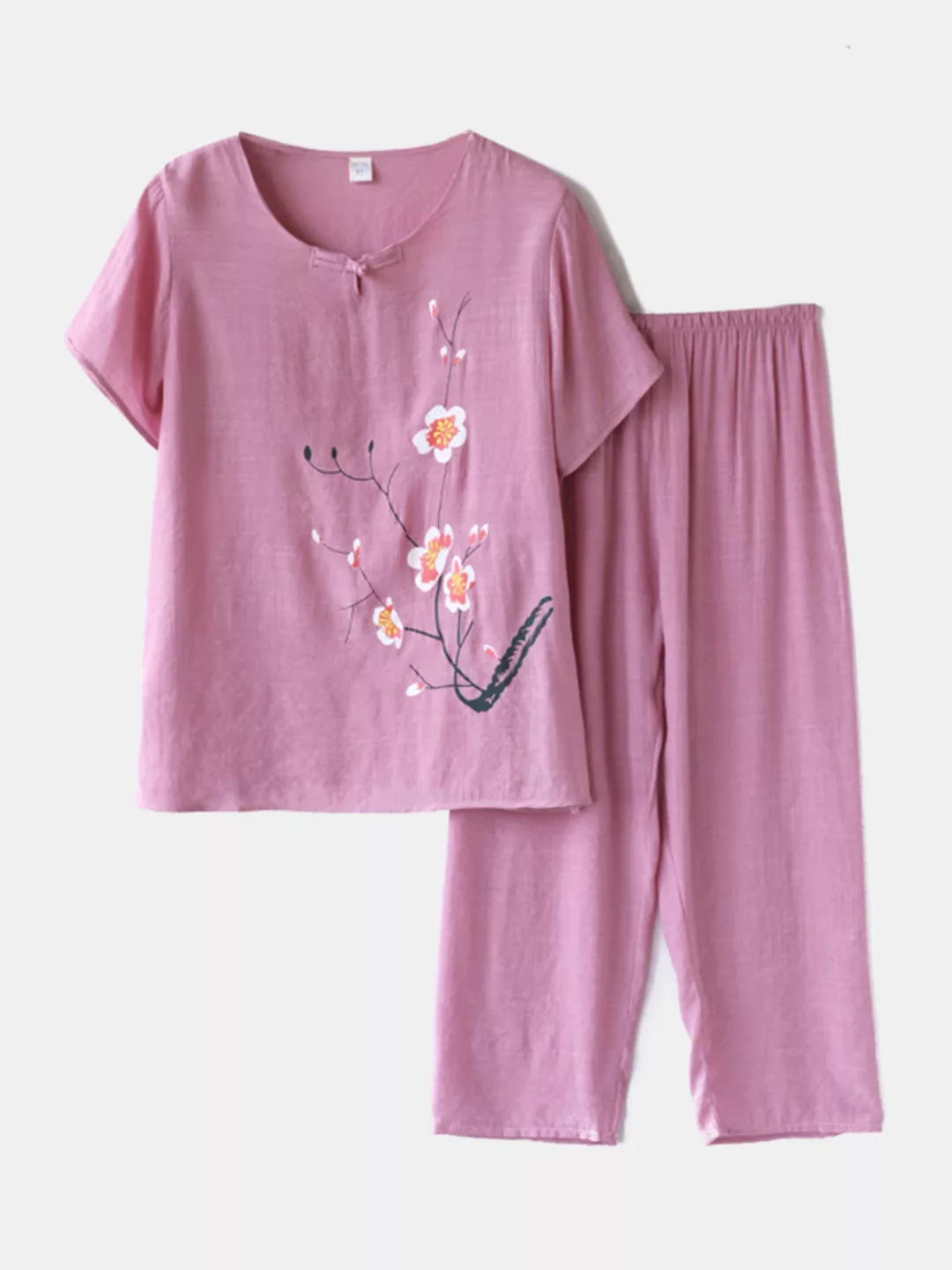 Damen Blumen Print Loungewear Set Atmungsaktiver Mandarin Button Loose Pyja günstig online kaufen