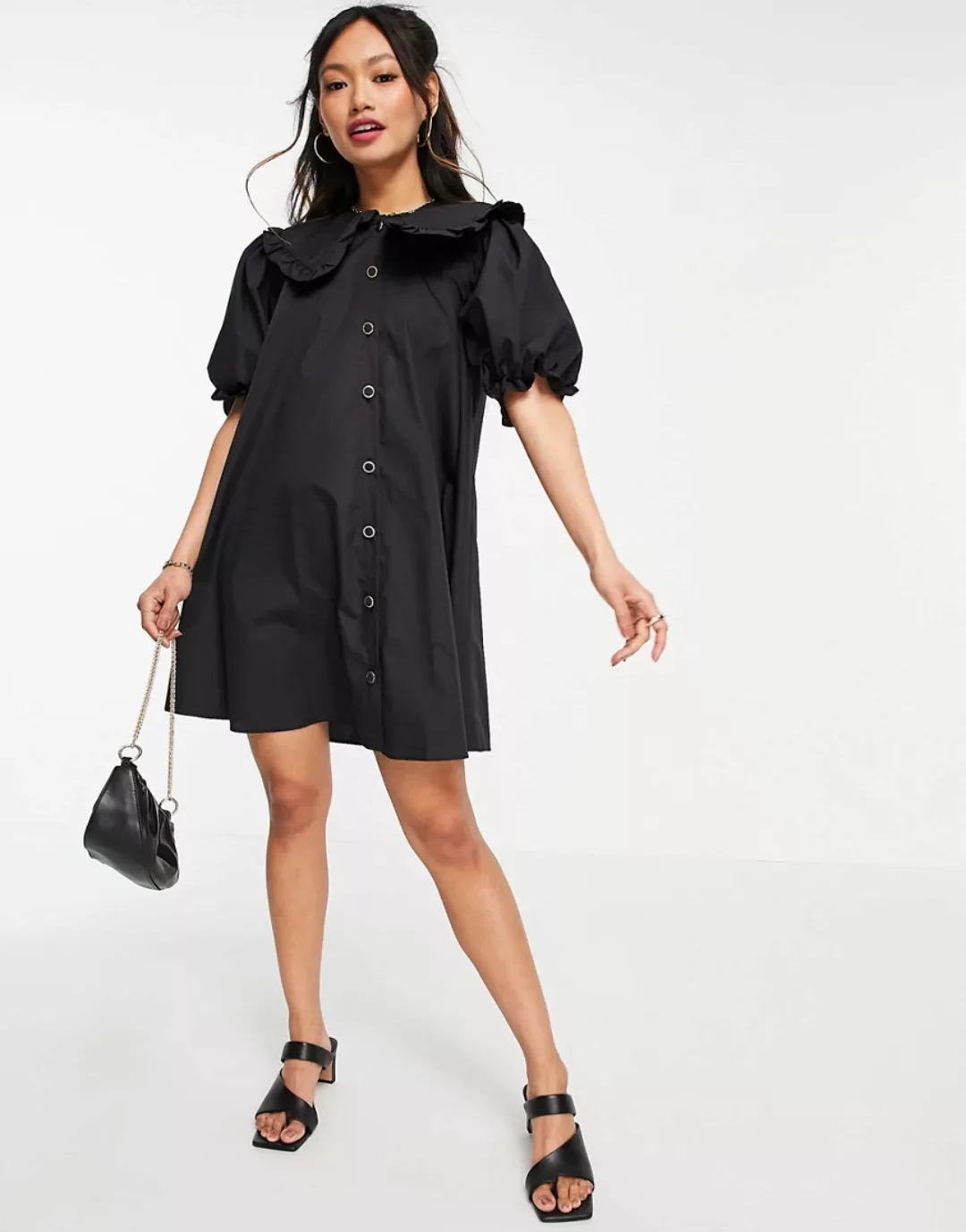 River Island – Kurzes Oversize-Hemdkleid aus Popeline mit Kragen in Schwarz günstig online kaufen