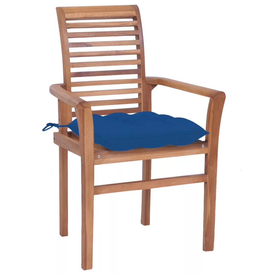 Essstühle 2 Stk. Mit Blauen Kissen Massivholz Teak günstig online kaufen