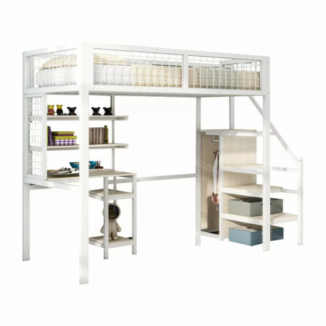 Ulife Hochbett Kinderbett 90x200 cm, mit Sicherheitsleiter, Weiß mit Kleide günstig online kaufen