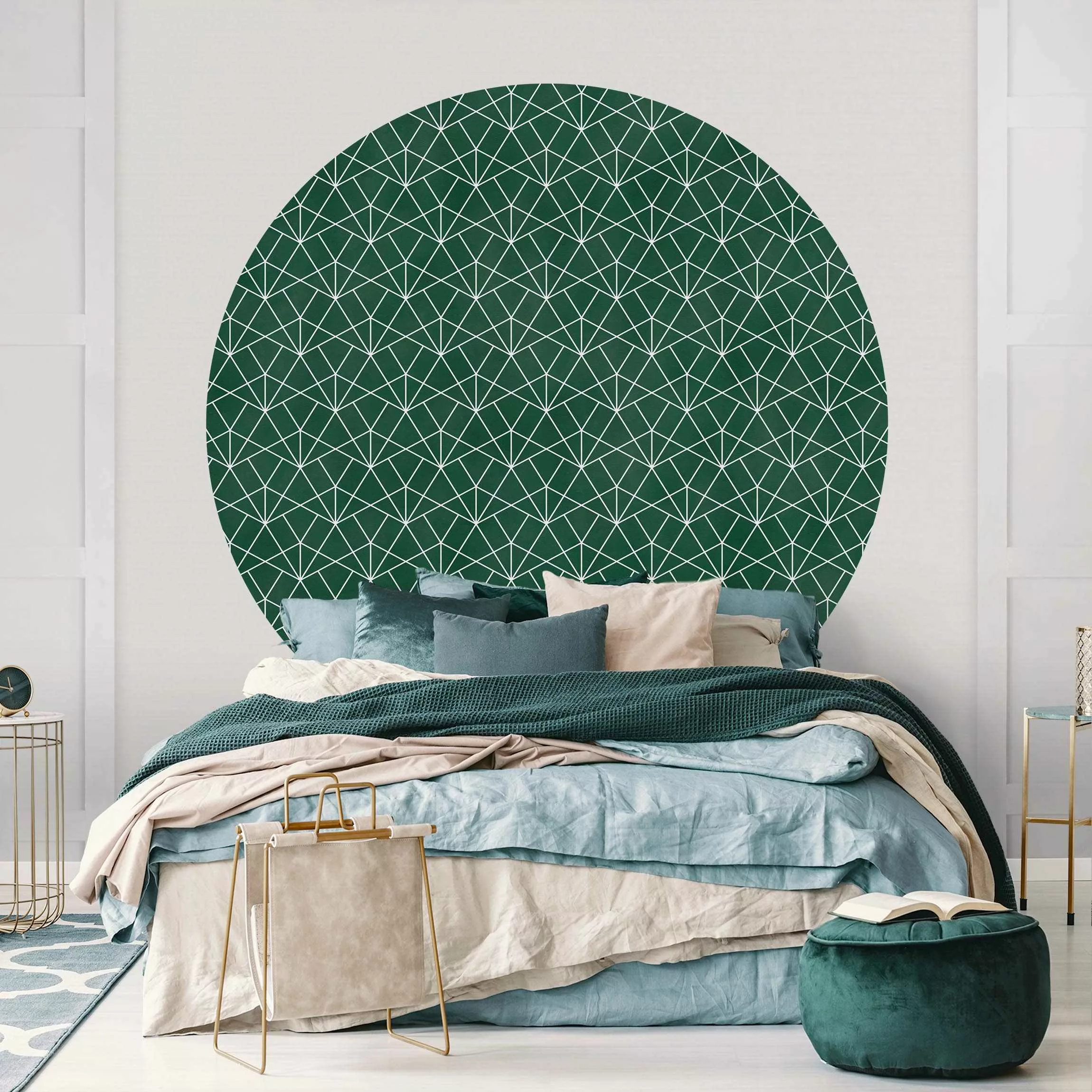 Runde Mustertapete selbstklebend Smaragd Art Deco Linienmuster günstig online kaufen