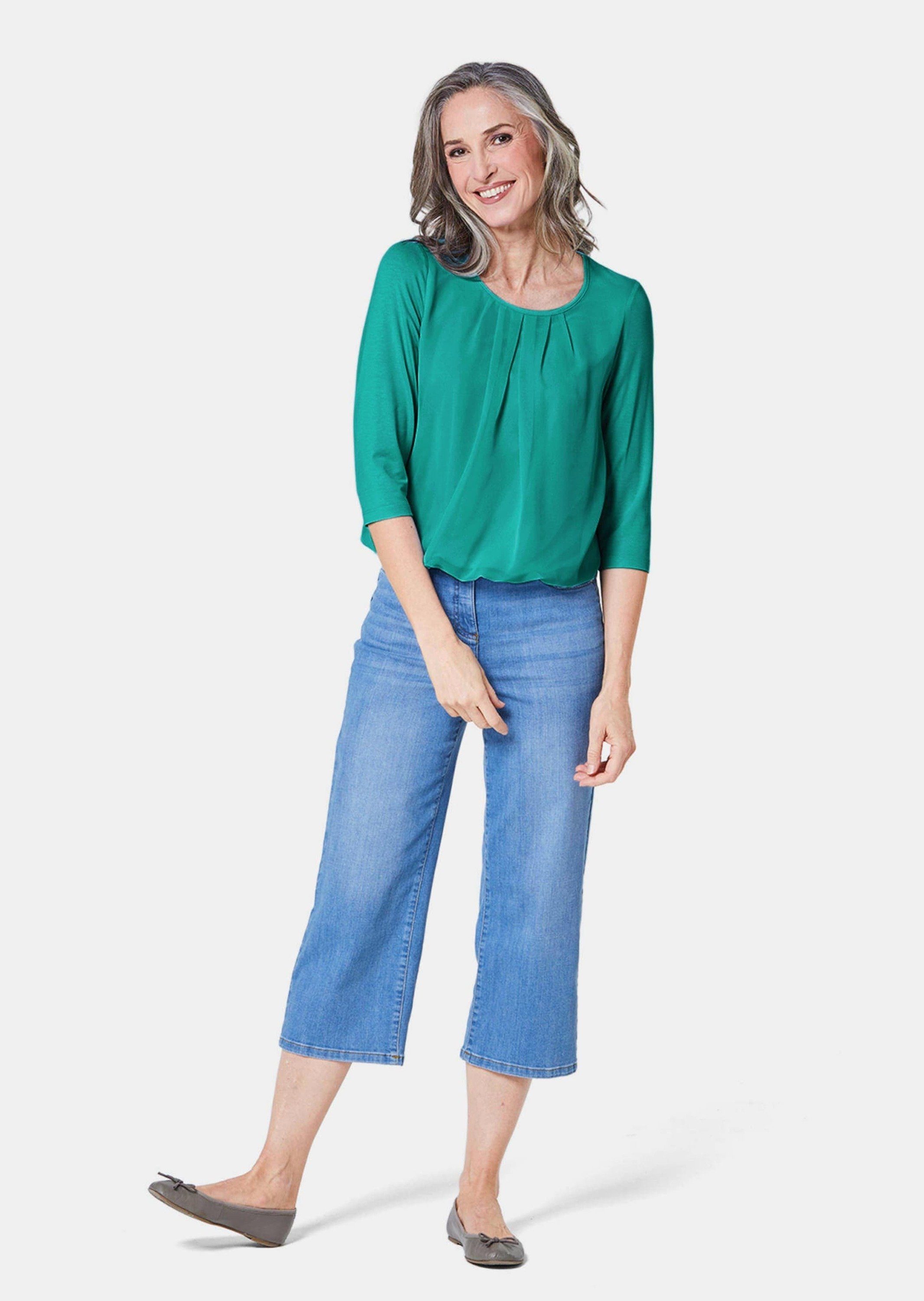 GOLDNER Kurzarmbluse Kurzgröße: Chiffon-Shirt gelb, Rundhals günstig online kaufen