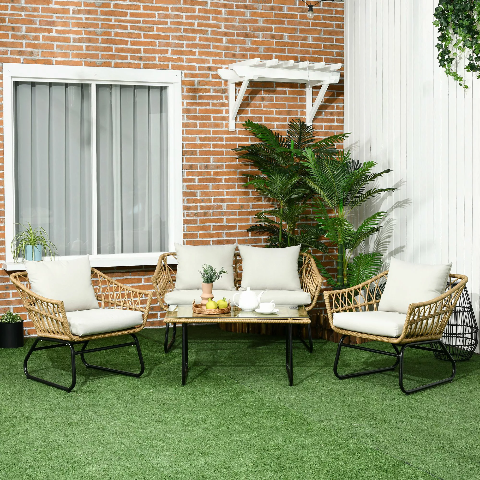 Outsunny 4 tlg. Gartenmöbel-Set, Rattan Sitzgarnitur mit 2 Sesseln, 1 Couch günstig online kaufen