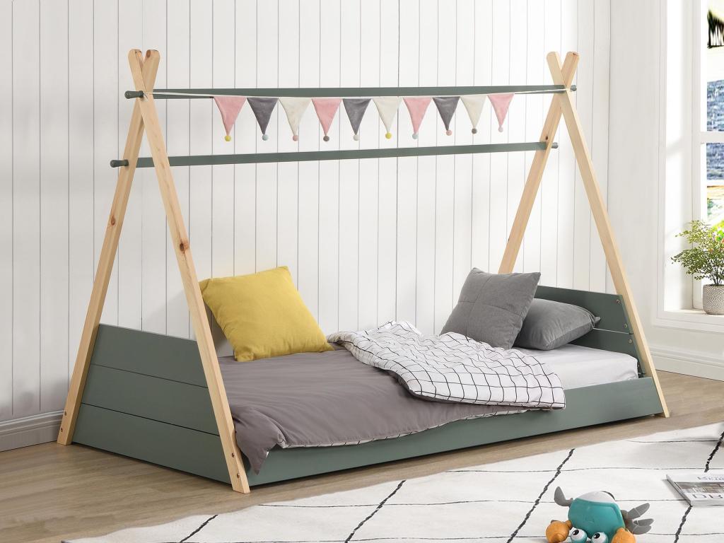 Kinderbett Tipi-Bett - 90 x 190 cm - Kiefernholz - Naturfarben & Grün - SIO günstig online kaufen