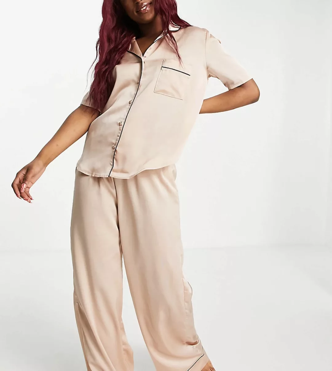 Missguided – Kurzärmliges Pyjama-Set aus Satin in Nerzbraun-Weiß günstig online kaufen