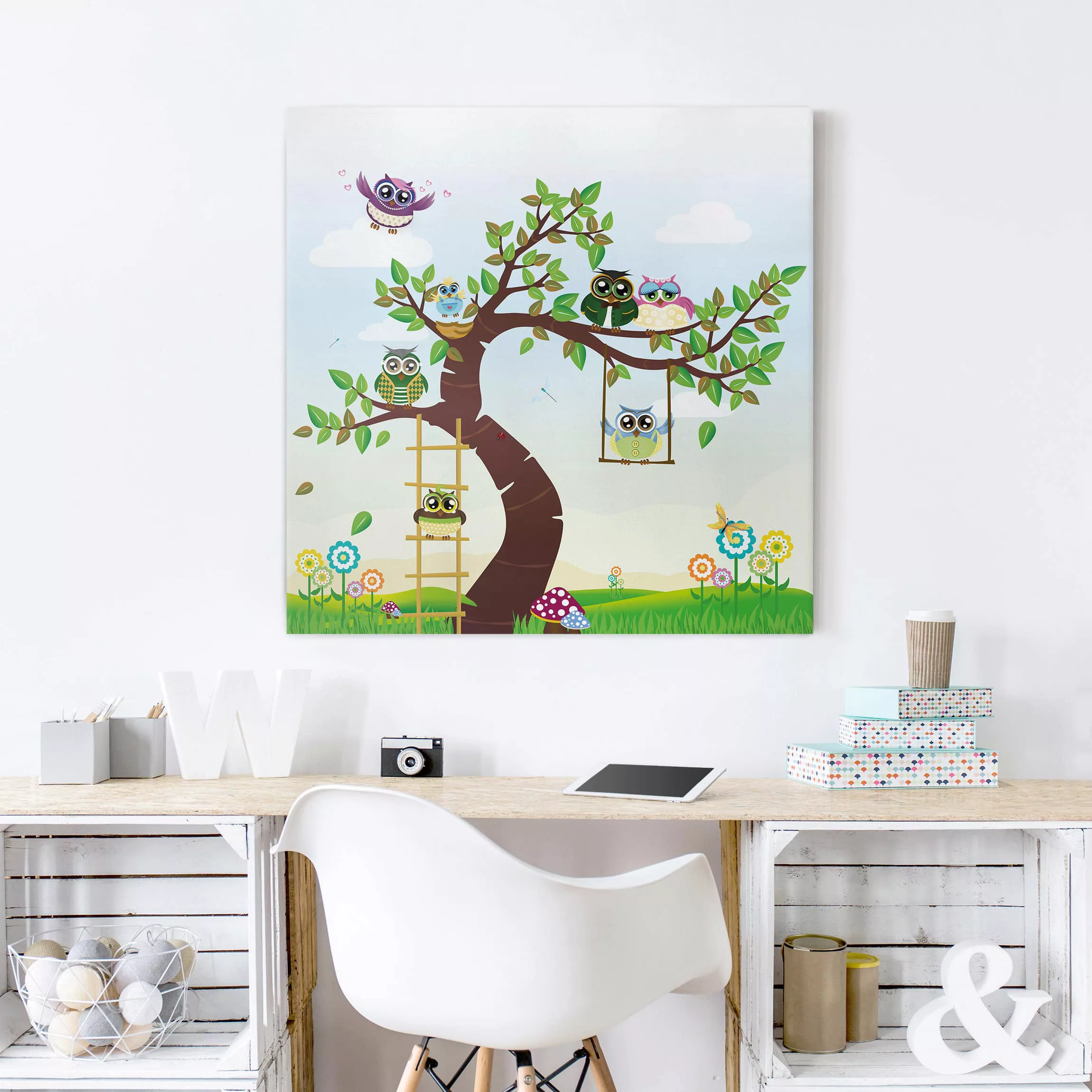 Leinwandbild Kinderzimmer - Quadrat Lustiger Eulenbaum günstig online kaufen