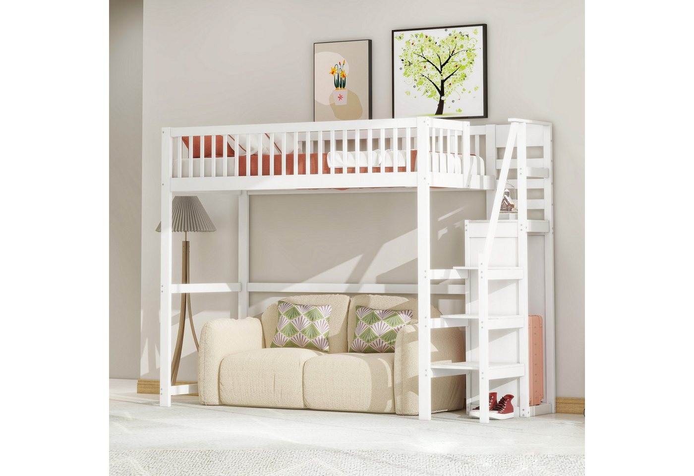 Flieks Hochbett Massivholz Kinderbett 90x200cm mit Treppe und Kleiderstange günstig online kaufen