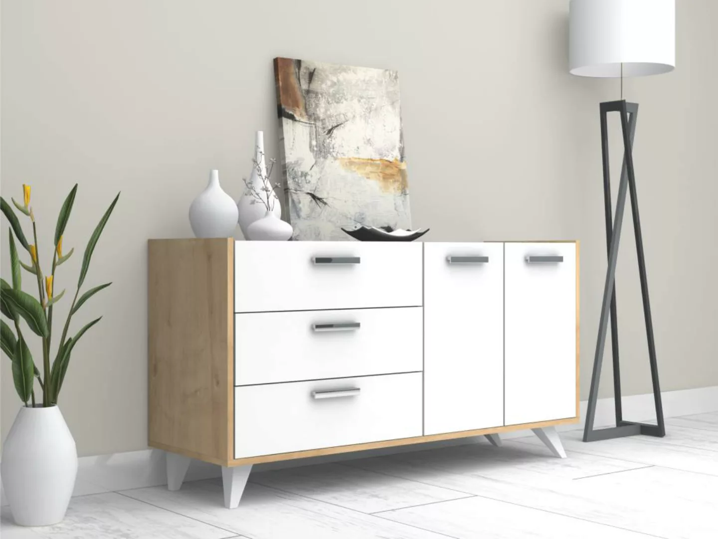 Sideboard mit 2 Türen & 3 Schubladen - Weiß & Holzfarben - NAELY günstig online kaufen