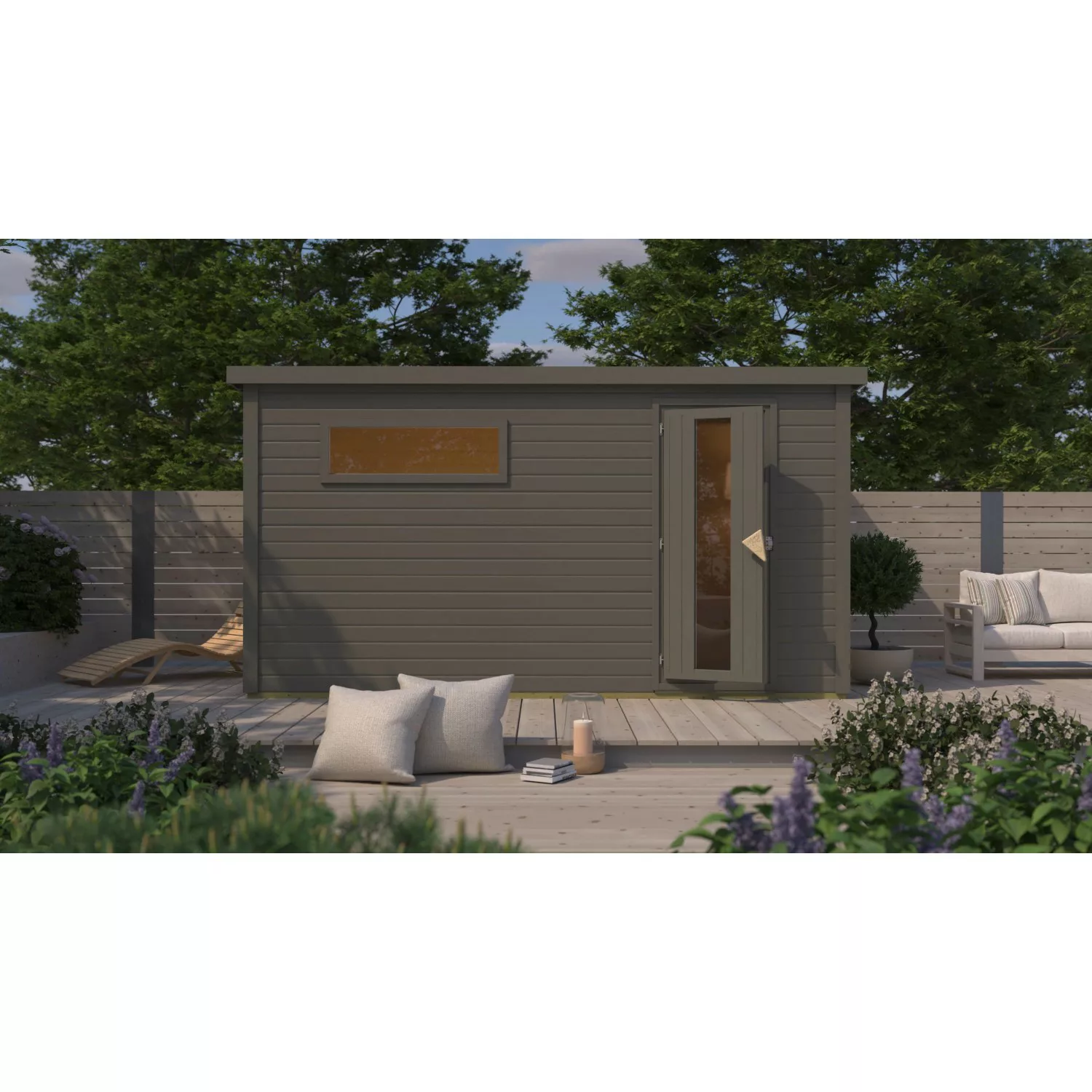 Karibu Saunahaus Arvi 6 mit Iso-Tür Terragrau mit Ofen 9 kW Ext. Strg. günstig online kaufen