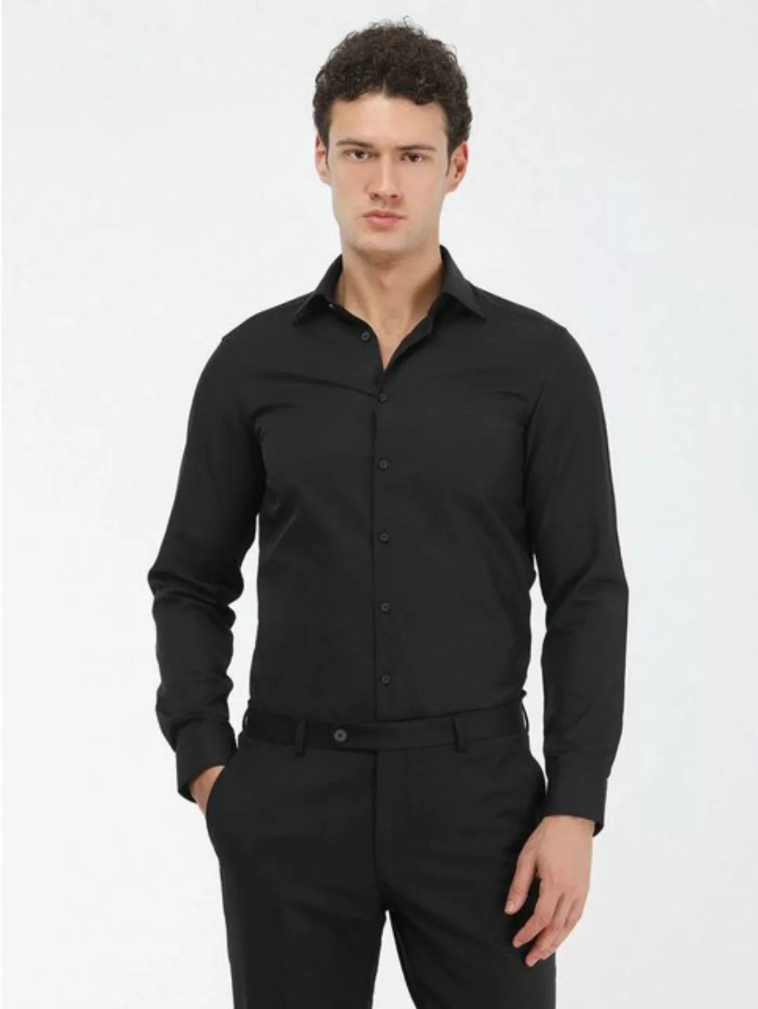 KİP Langarmhemd Schwarzes Gerades Slim Fit Weben Klassisches Baumwollmischh günstig online kaufen