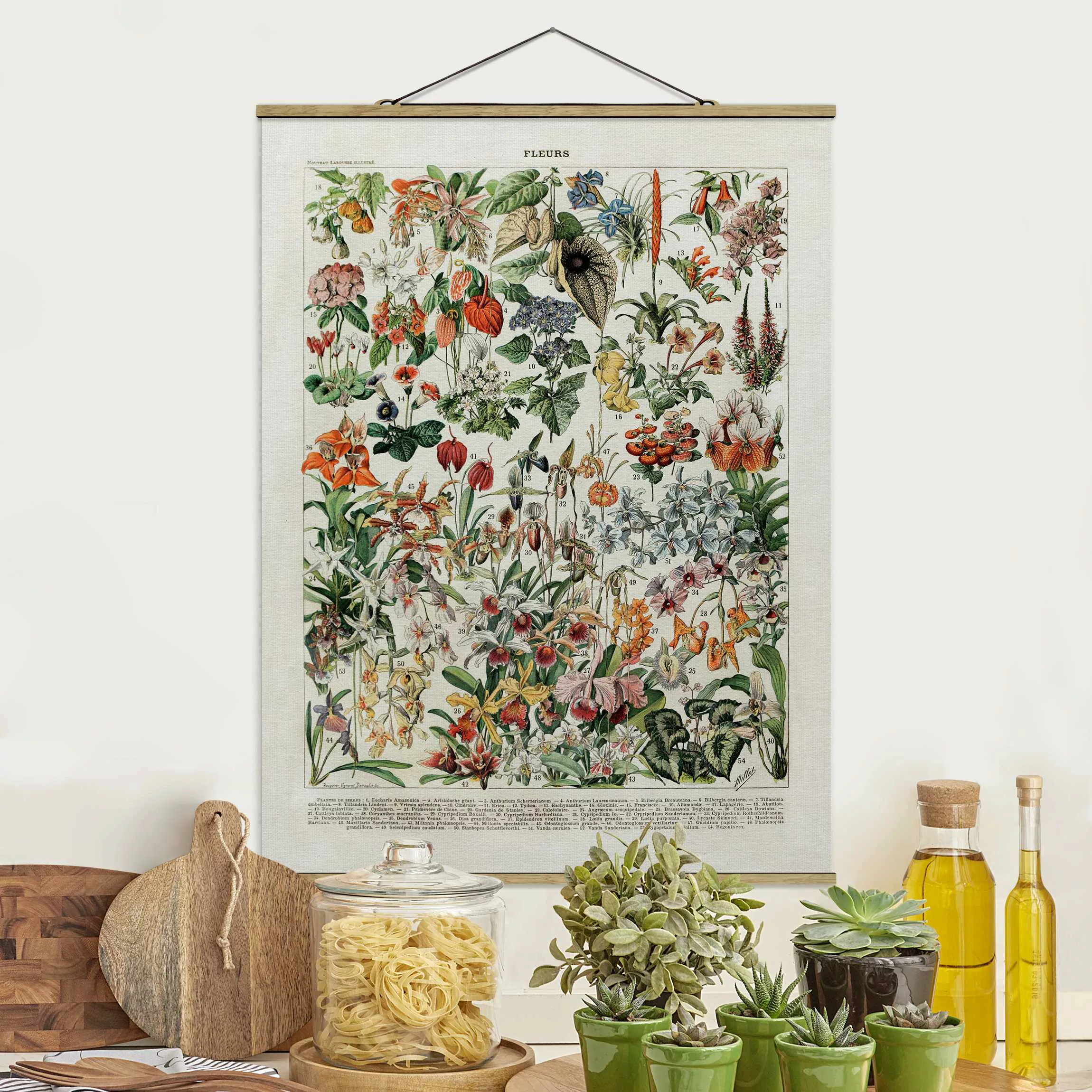 Stoffbild Blumen mit Posterleisten - Hochformat Vintage Lehrtafel Blumen II günstig online kaufen