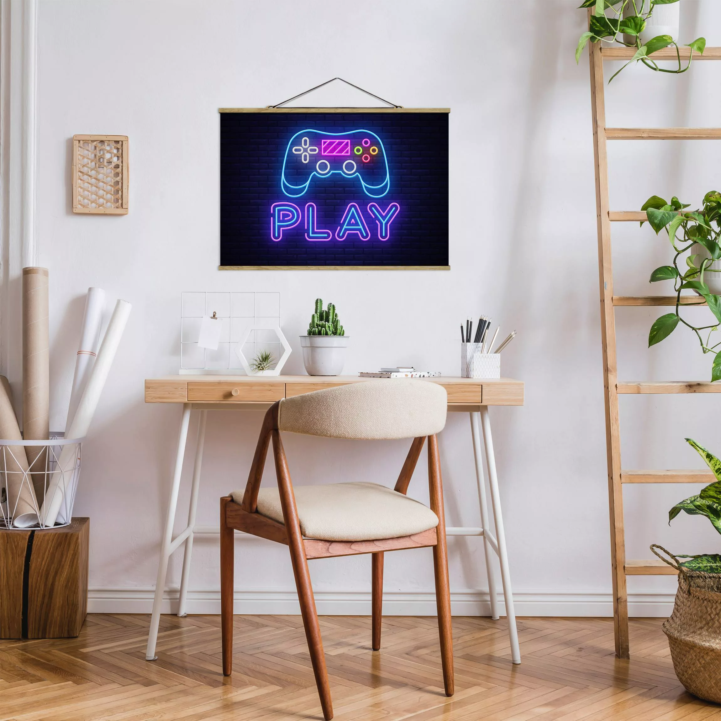 Stoffbild mit Posterleisten Neon Gaming Controller günstig online kaufen