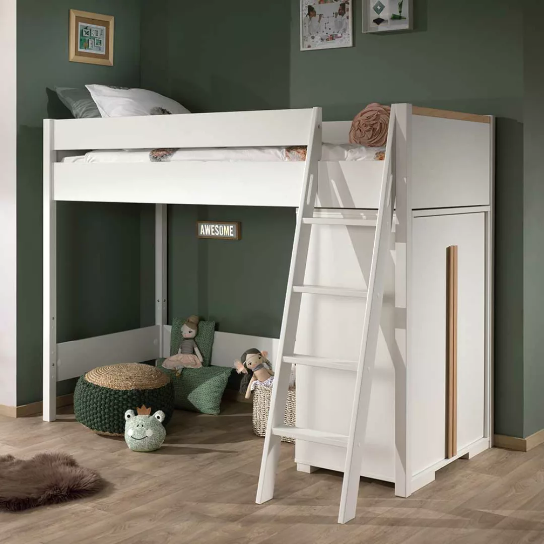 Kinder Hochbett mit Schrank Weiß und Buchefarben (zweiteilig) günstig online kaufen