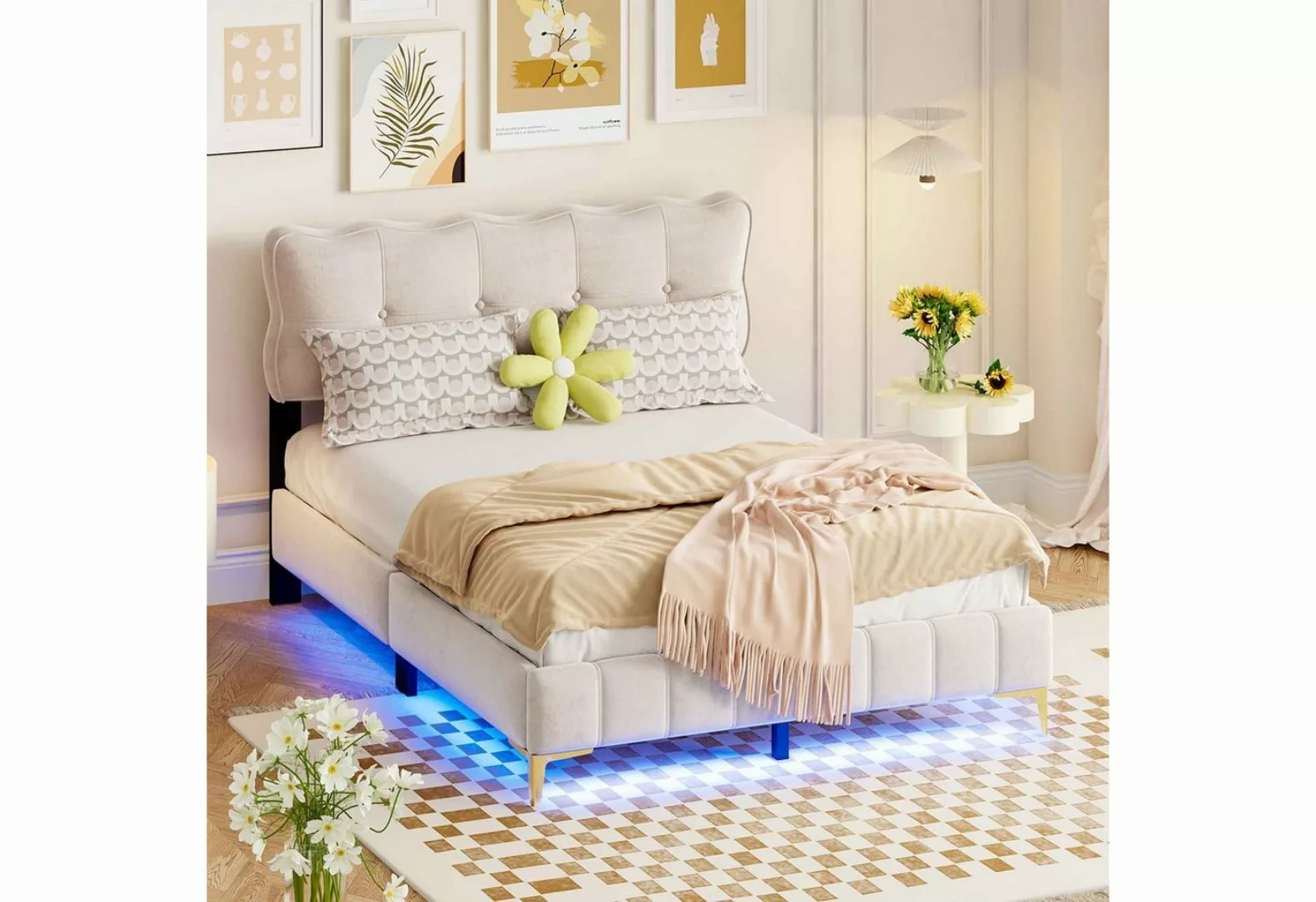 OKWISH Polsterbett mit LED-Leuchten mit Rückenlehne mit Lattenrost Samtstof günstig online kaufen