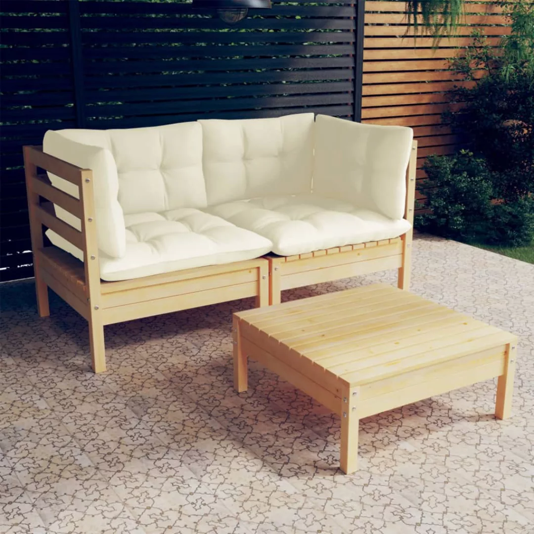 3-tlg. Garten-lounge-set Mit Creme Kissen Kiefernholz günstig online kaufen