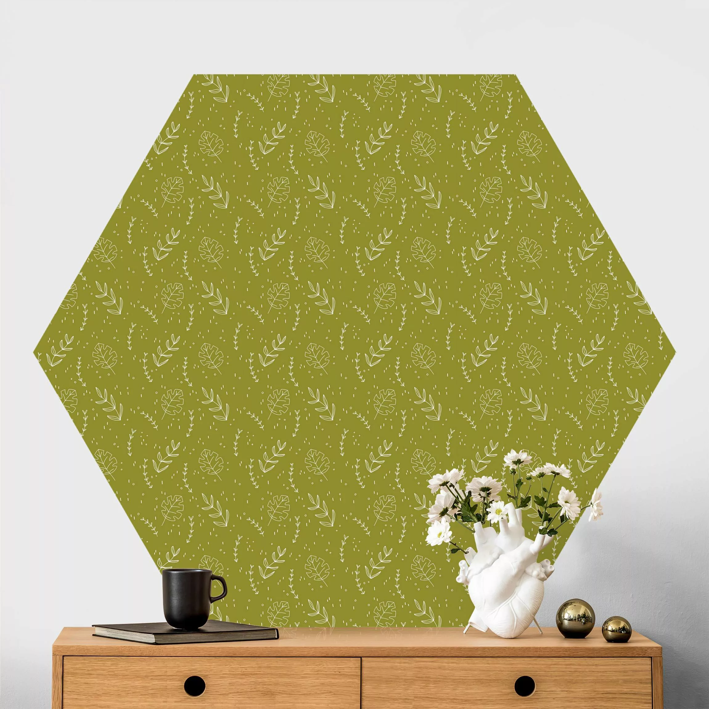 Hexagon Tapete selbstklebend Dschungelblätter auf Lindgrün günstig online kaufen