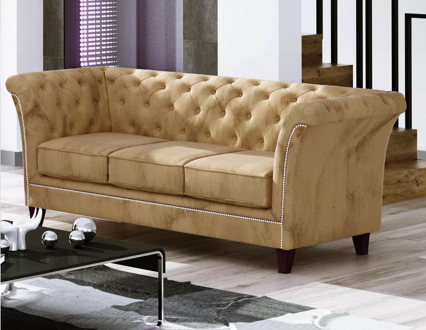 S-Style Möbel Chesterfield-Sofa 3-Sitzer Rainsburg aus Samt-Stoff mit Holzf günstig online kaufen