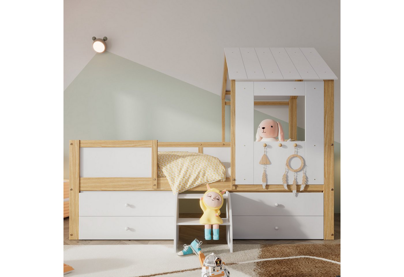 MODFU Kinderbett Holzbett Hausbett mit Dach und Fenster, Vierseitiger Zaun günstig online kaufen