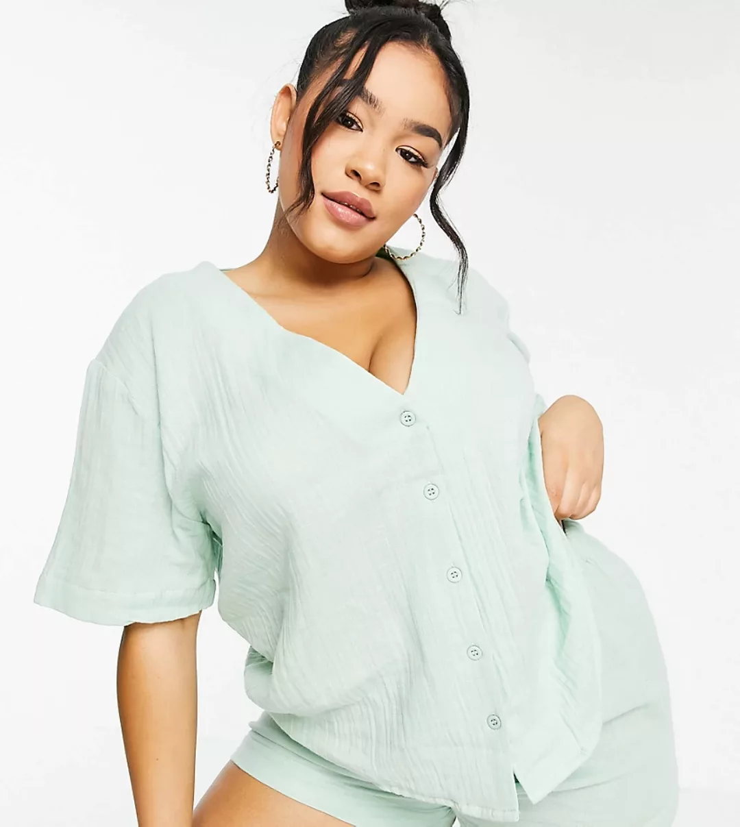 ASOS DESIGN Curve – Exclusive – Pyjama-Set mit Hemd ohne Kragen und Shorts günstig online kaufen