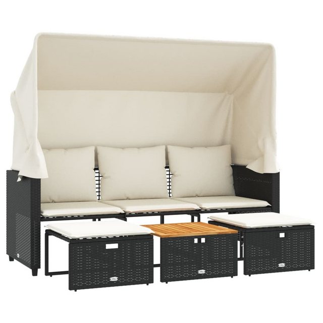 vidaXL Loungesofa Outdoor-Sofa 3-Sitzer mit Dach und Hockern Schwarz Poly-R günstig online kaufen