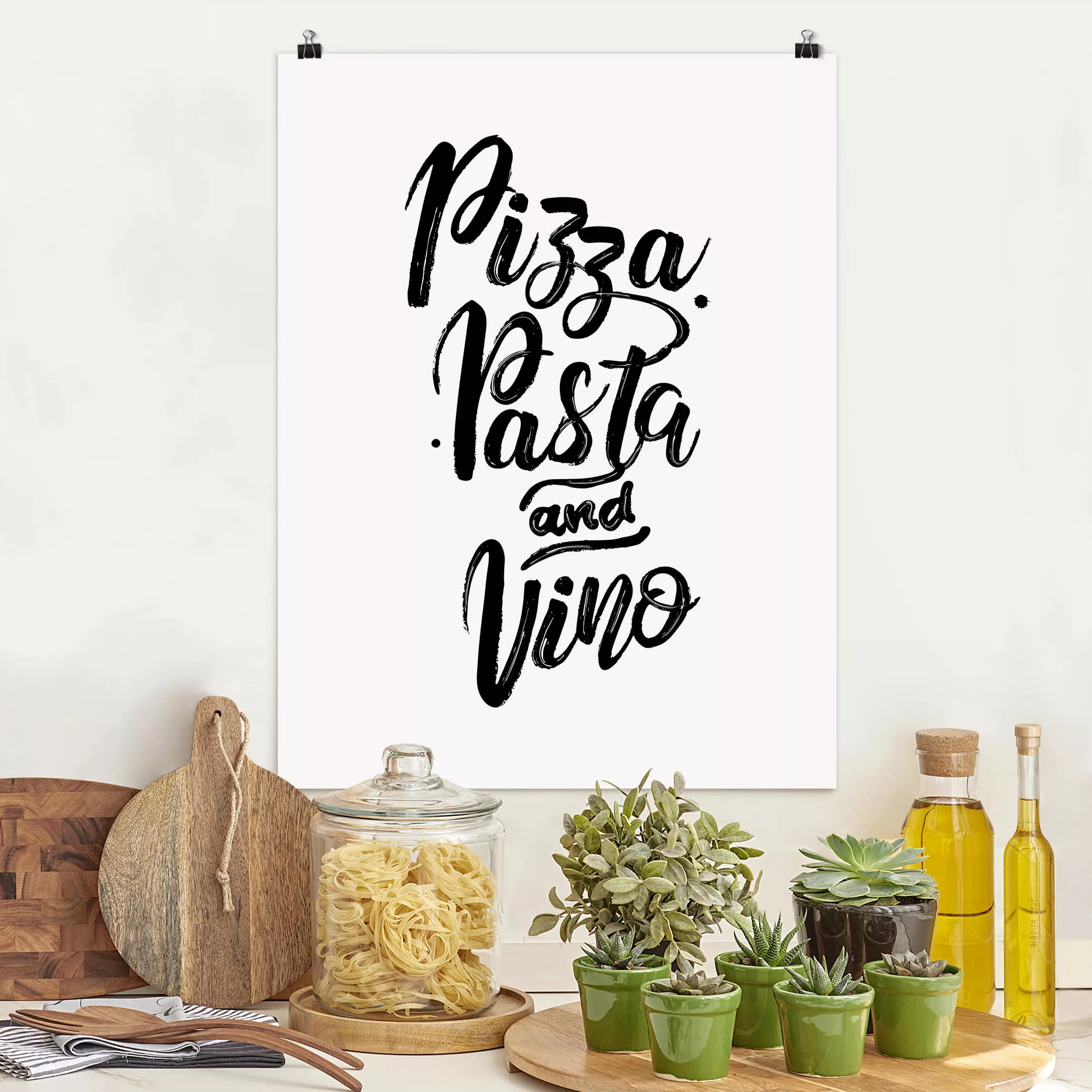 Poster Spruch - Hochformat Pizza Pasta und Vino günstig online kaufen