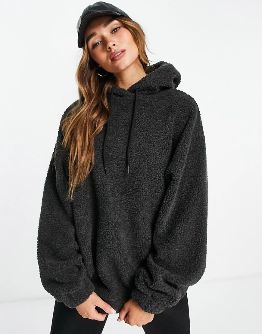 ASOS DESIGN – Oversize-Kapuzenpullover aus Teddy-Fleece in Anthrazit-Grau günstig online kaufen