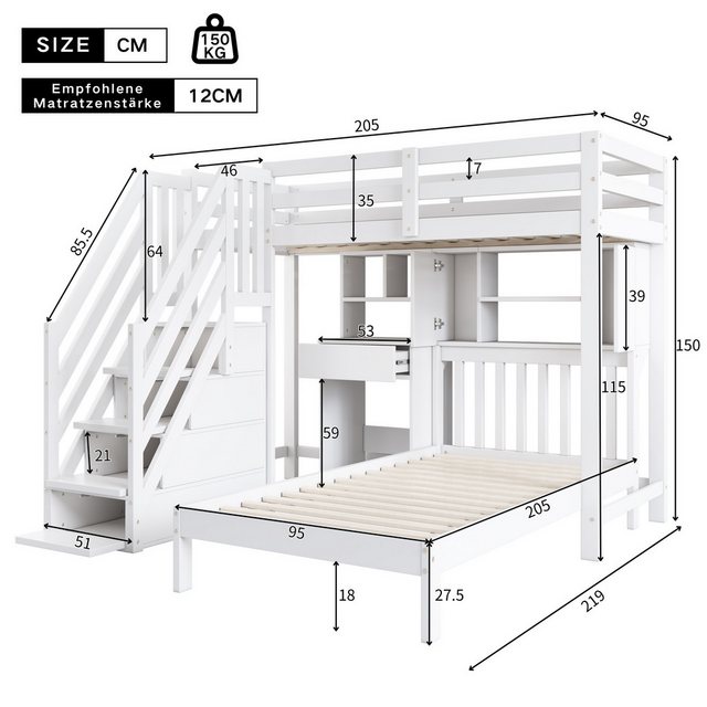 Flieks Etagenbett, Kiefernholz Kinderbett mit Schreibtisch und Treppe 90x20 günstig online kaufen