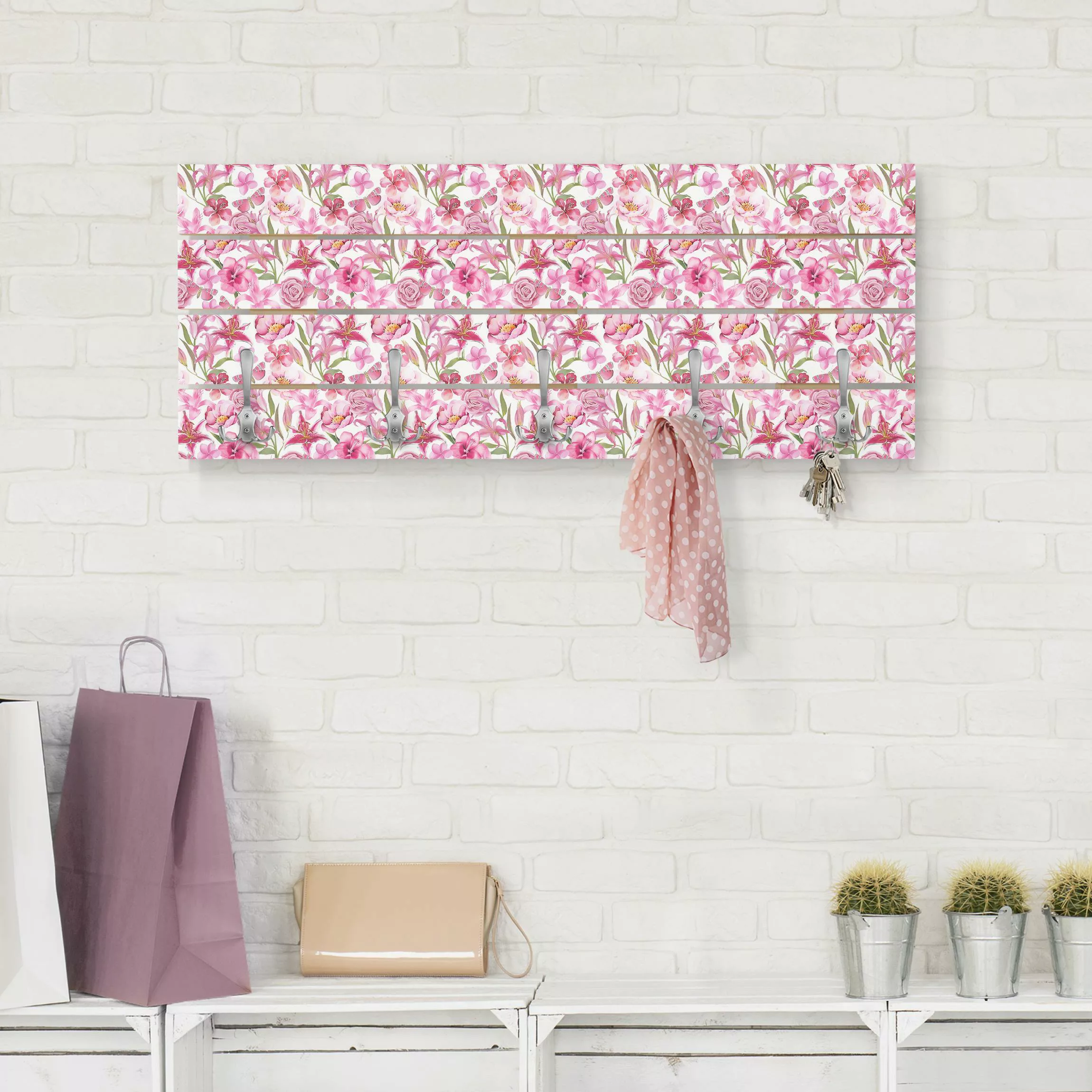 Wandgarderobe Pinke Blumen mit Schmetterlingen günstig online kaufen