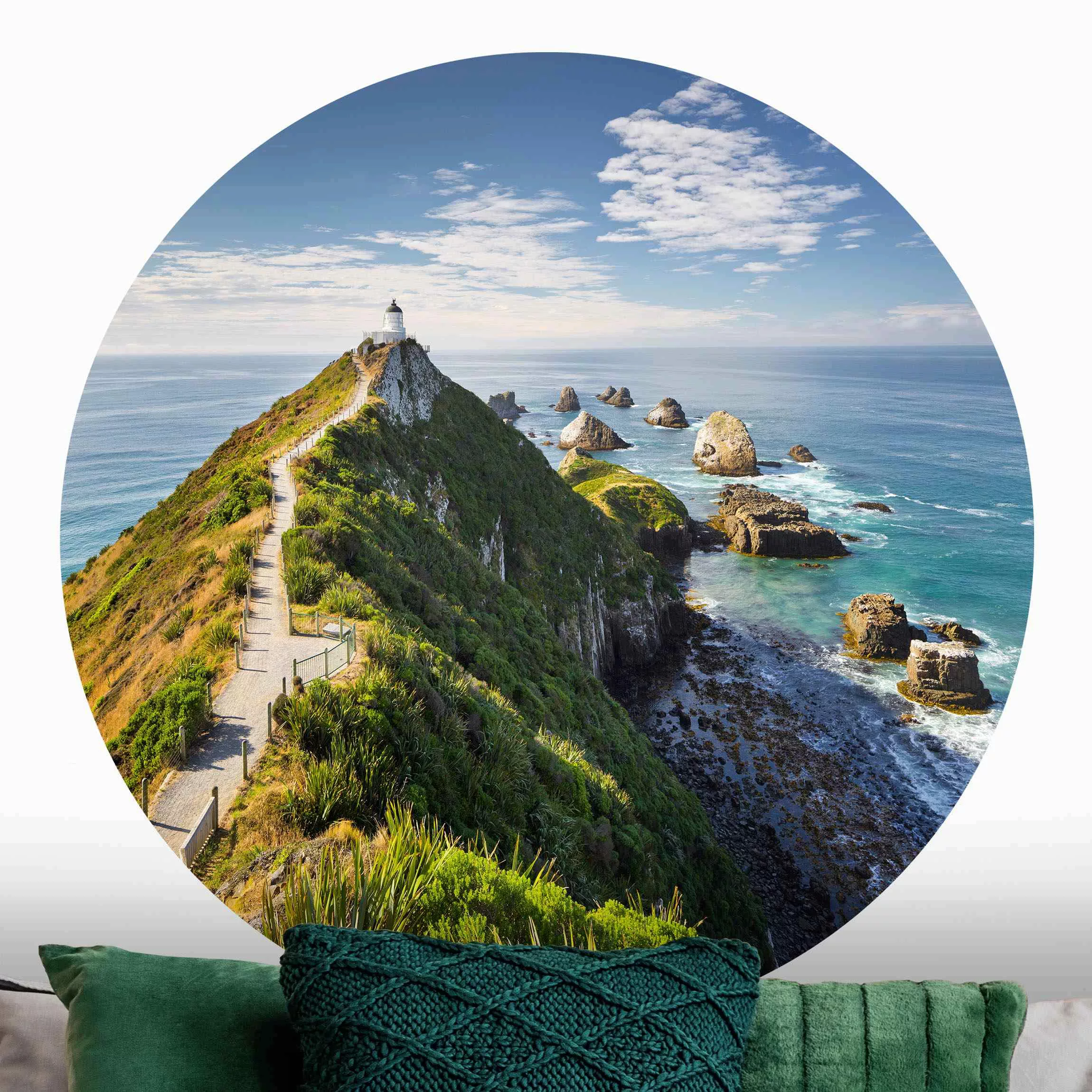 Runde Fototapete selbstklebend Nugget Point Leuchtturm und Meer Neuseeland günstig online kaufen