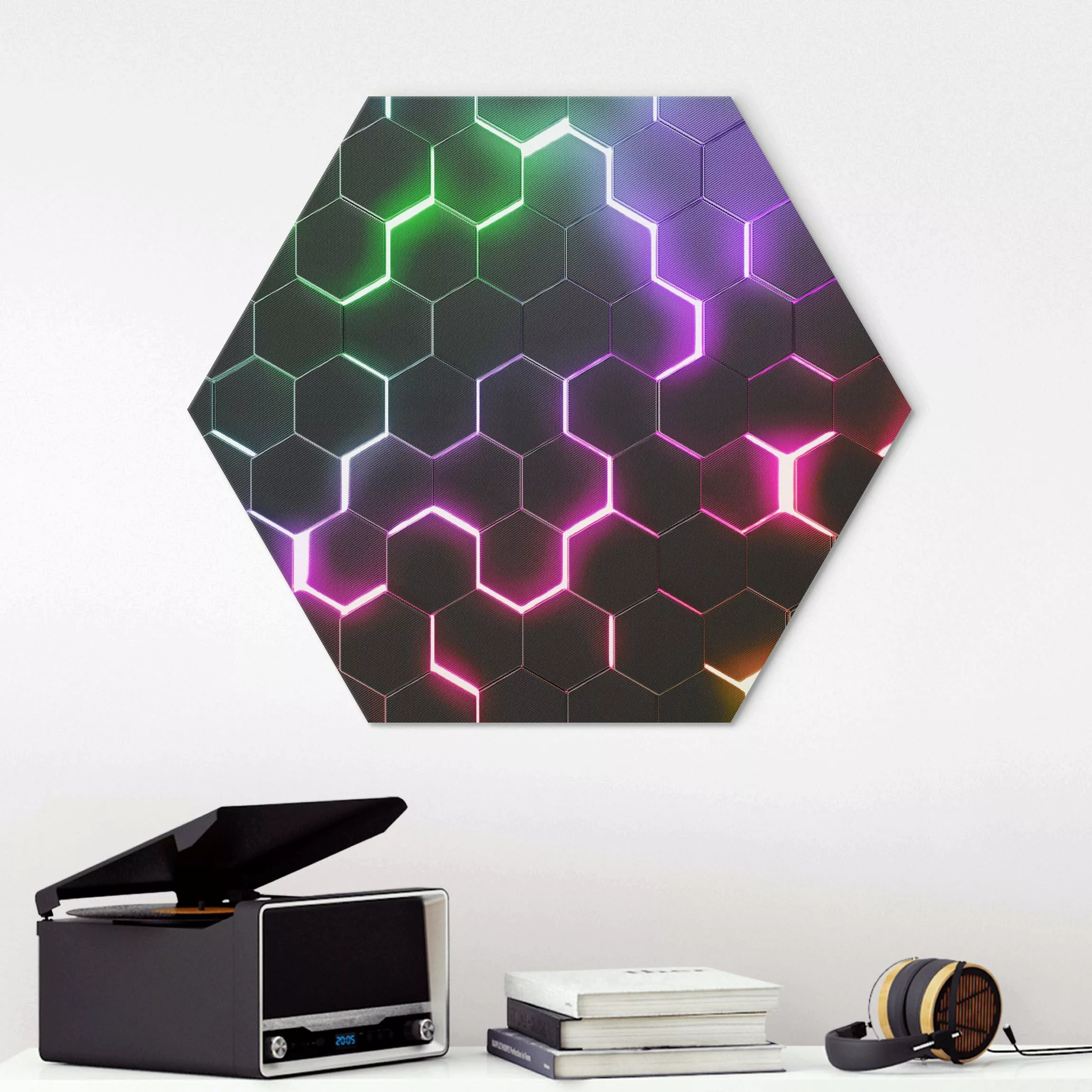 Hexagon-Alu-Dibond Bild Strukturierte Hexagone mit Neonlicht günstig online kaufen