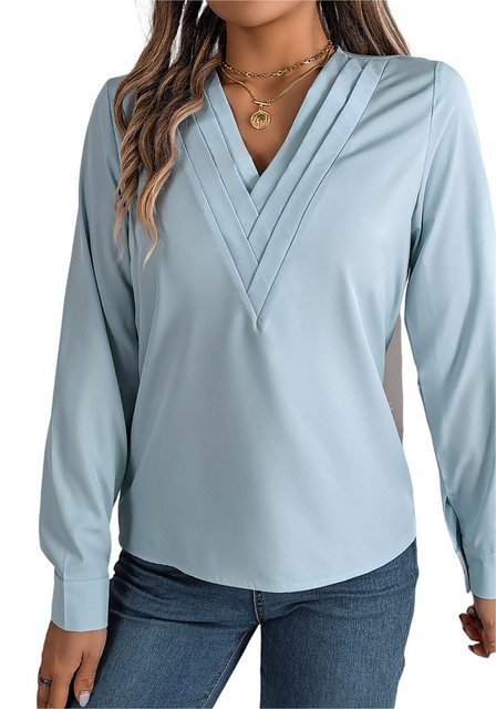 Mayou Blusentop Langarmshirt Damen Elegant V-Ausschnitt Einfarbig Arbeit Sh günstig online kaufen