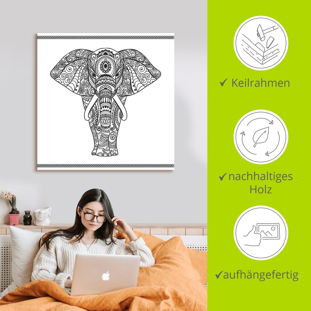 Artland Wandbild "Elefant in Mandala", Wildtiere, (1 St.), als Leinwandbild günstig online kaufen