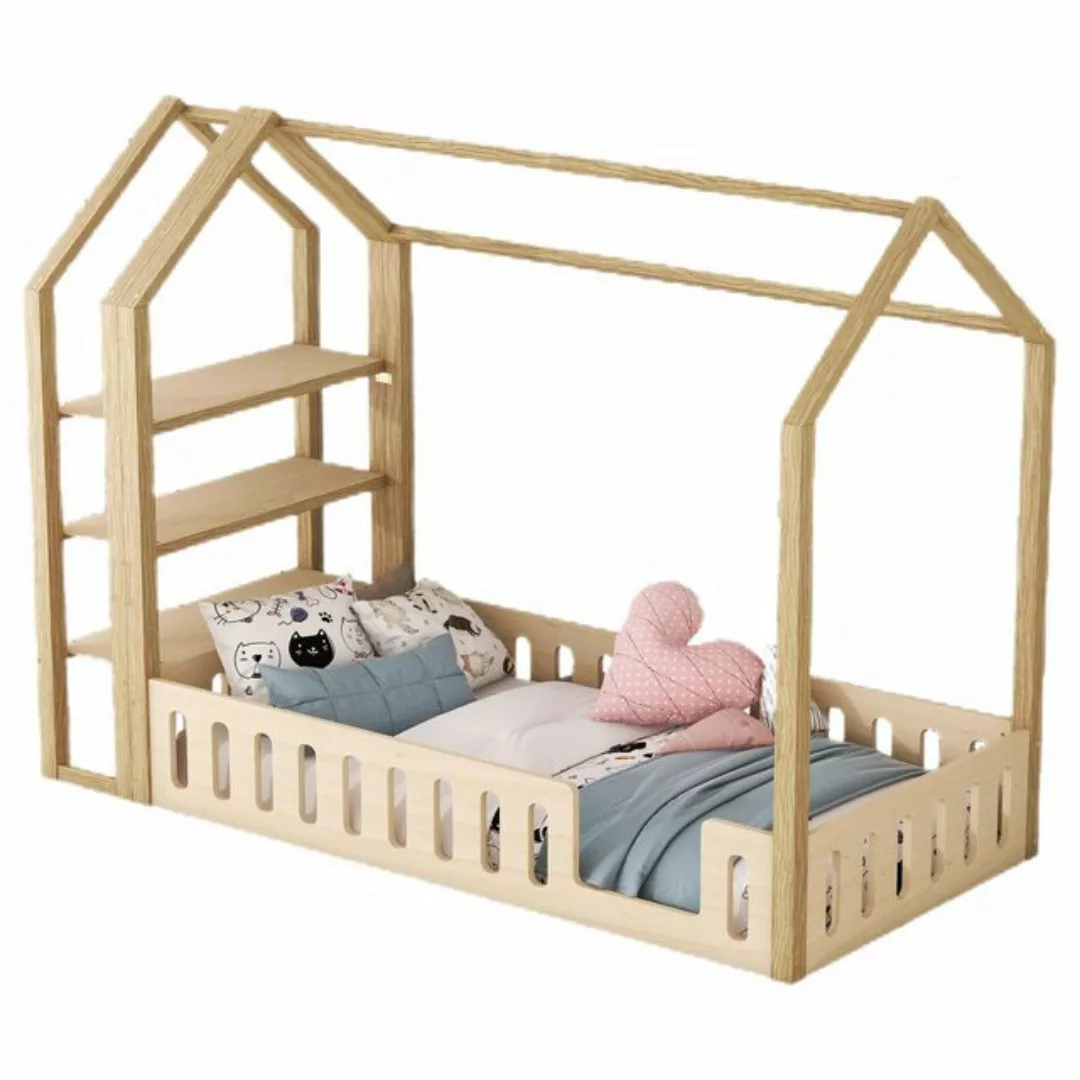 TavilaEcon Kinderbett Flachbett Hausbett Einzelbett Holzbett mit Geländer, günstig online kaufen