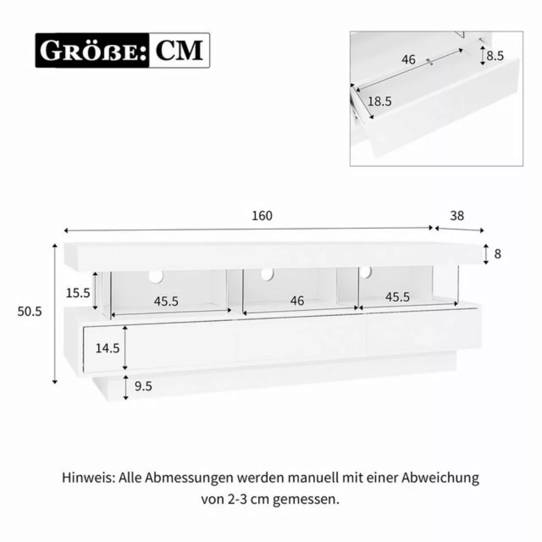 IDEASY TV-Schrank 160*38*50.5cm weißer Hochglanz-TV-Schrank mit 3 Glasfäche günstig online kaufen