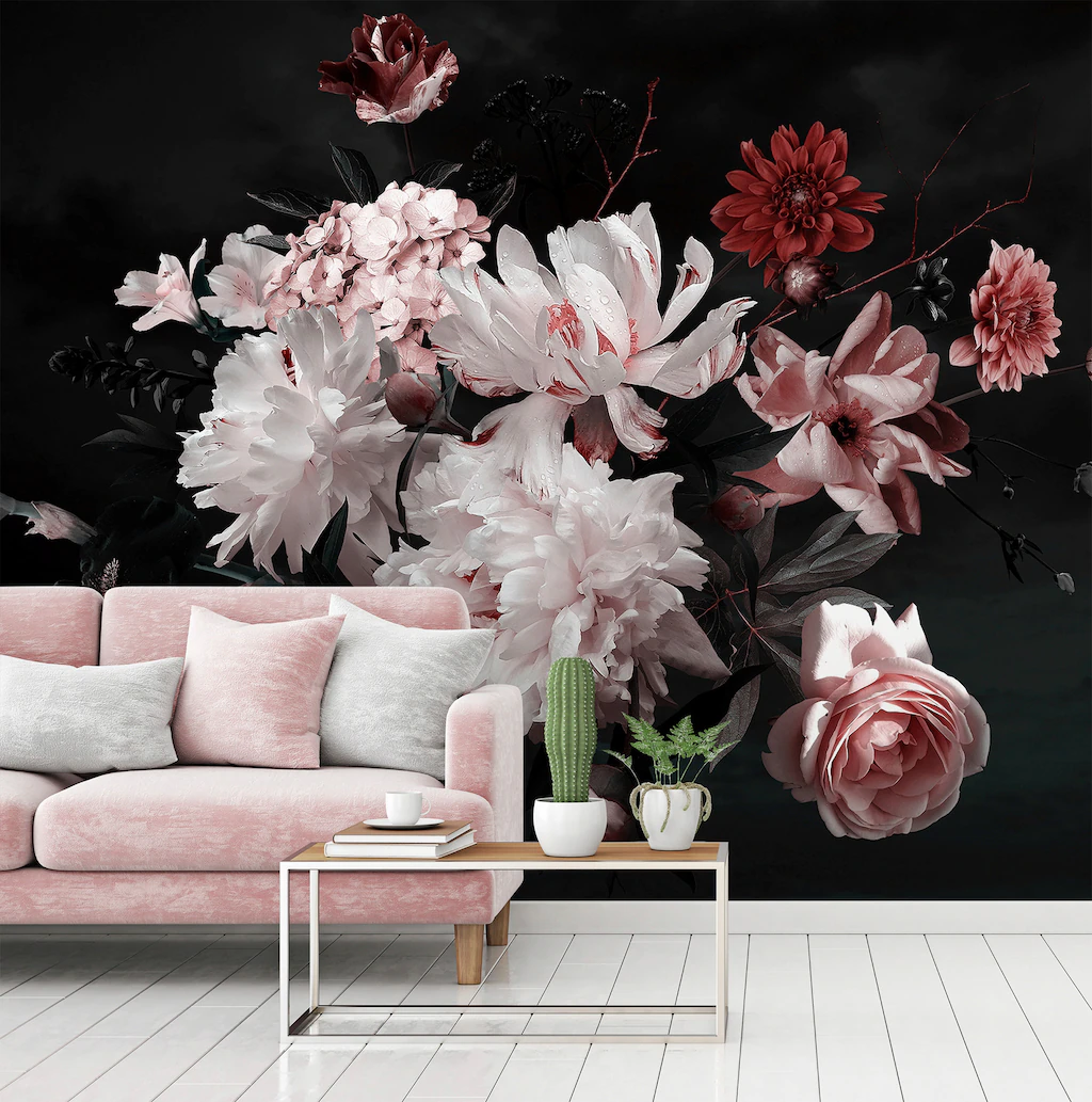 Fototapete Blumenbouquet Weiß Schwarz 3,50 m x 2,55 m FSC® günstig online kaufen