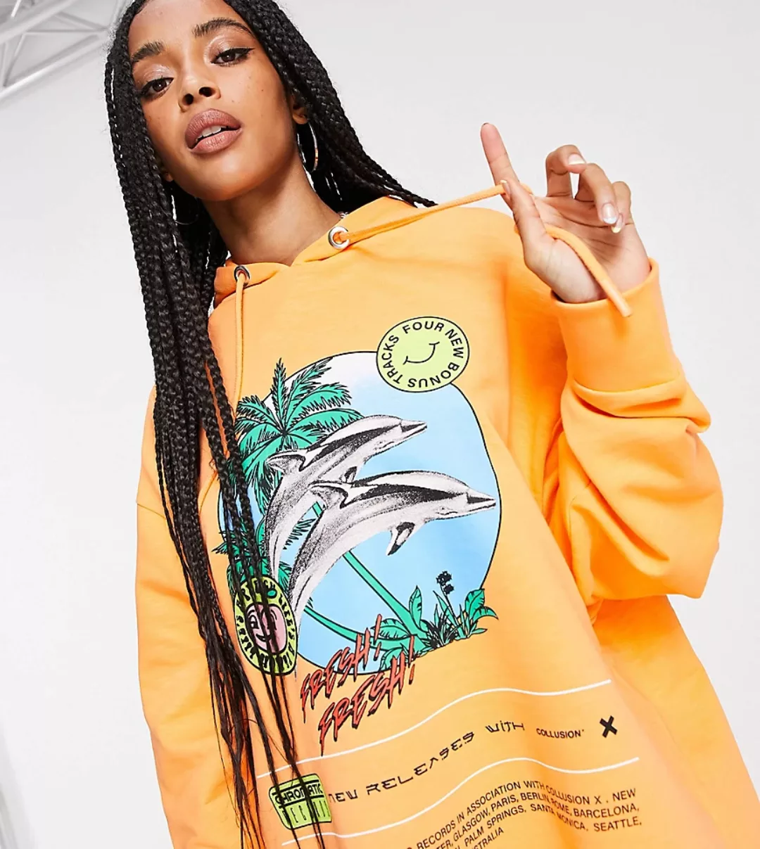 COLLUSION – Oversized-Kapuzenpullover mit Delfin-Print in Orange günstig online kaufen