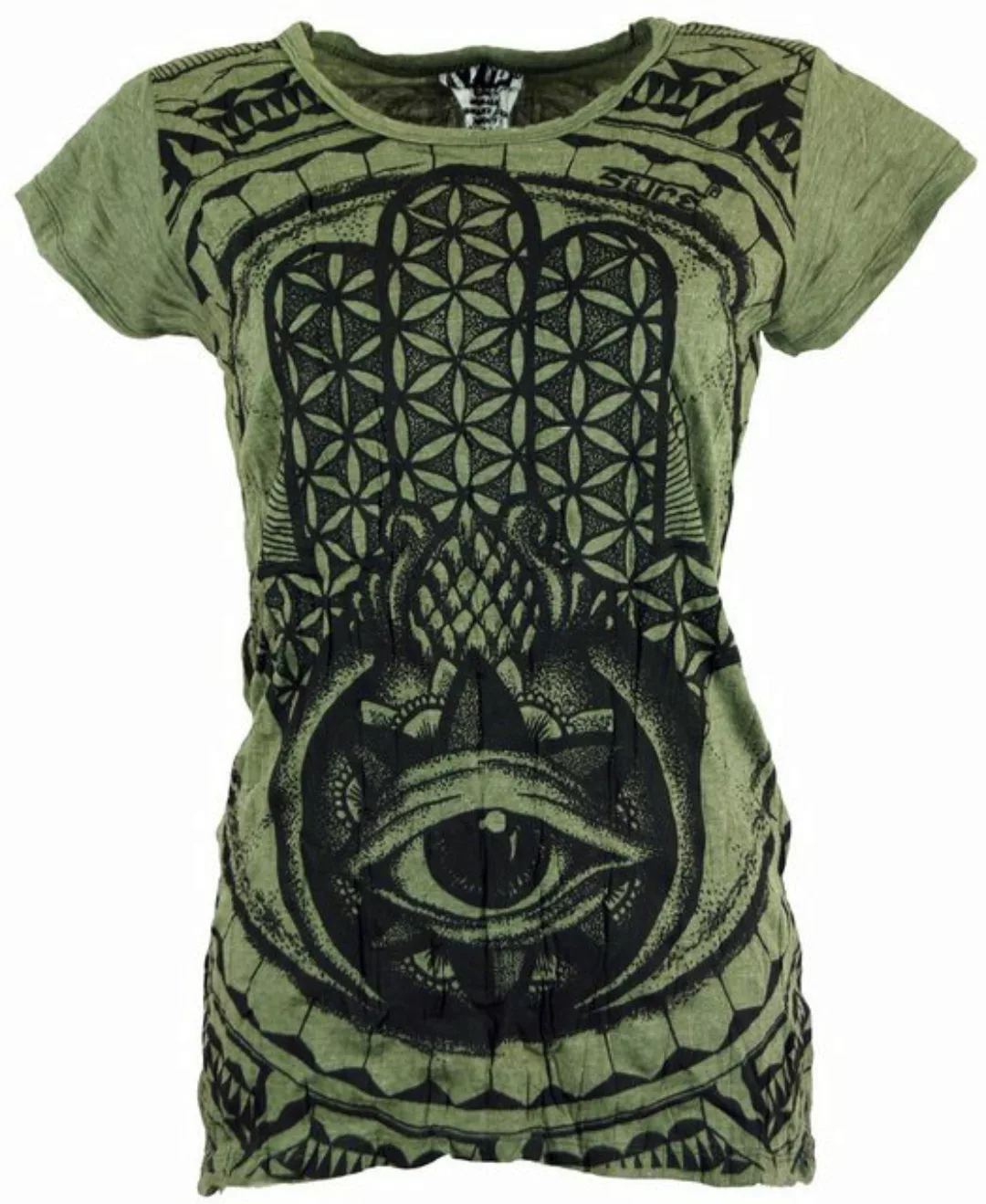 Guru-Shop T-Shirt Sure T-Shirt Fatimas Hand - olive Goa Style, alternative günstig online kaufen