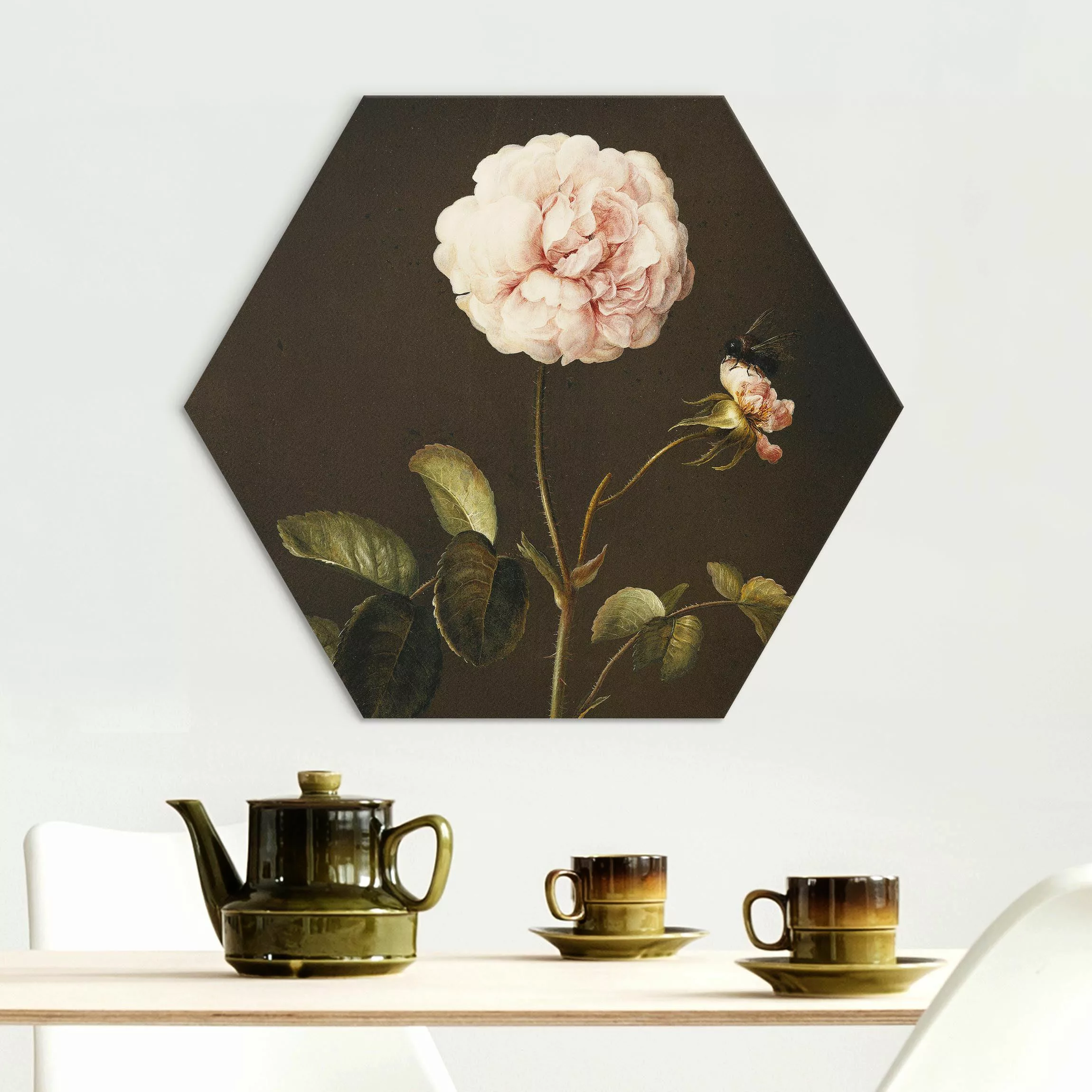 Hexagon-Alu-Dibond Bild Barbara Regina Dietzsch - Essig-Rose mit Hummel günstig online kaufen