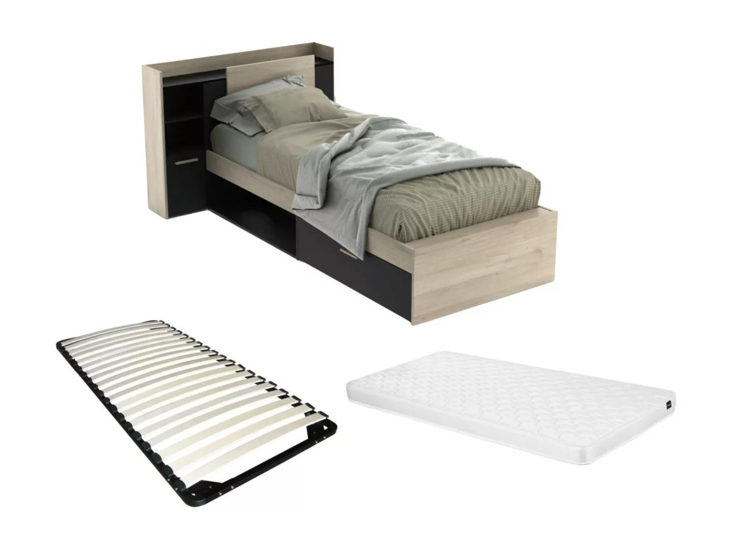 Bett mit Stauraum + Lattenrost + Matratze - 90 x 200 cm - Schwarz & Holzfar günstig online kaufen
