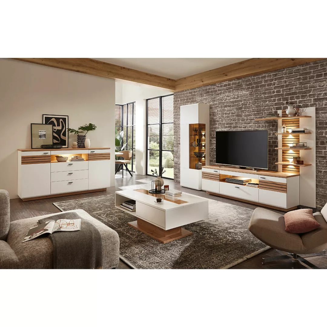 Wohnmöbel Set, weiß mit Eiche, FALLON-55, modern, 5-teilig, inkl. Beleuchtu günstig online kaufen