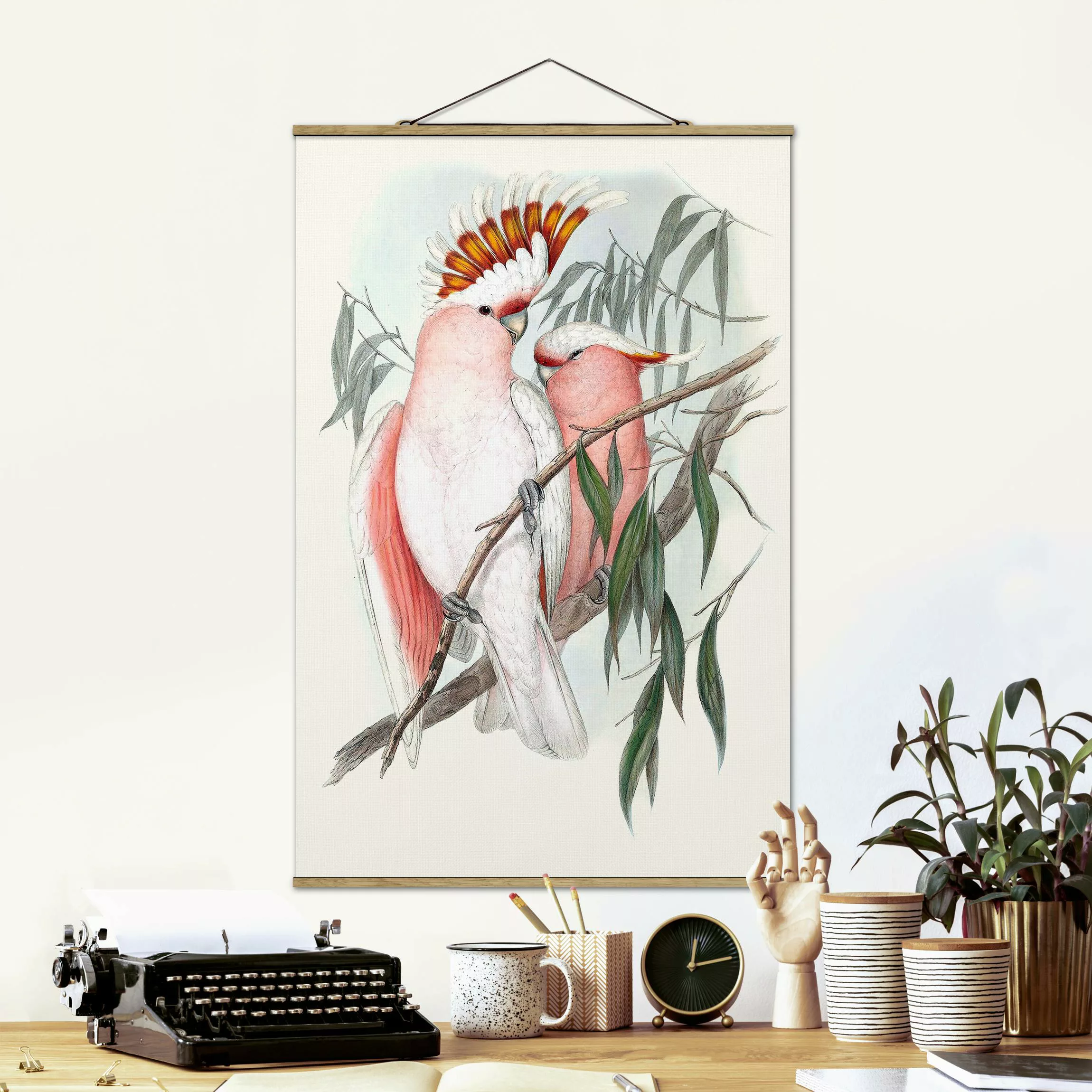 Stoffbild Tiere mit Posterleisten - Hochformat Pastell Papageien I günstig online kaufen