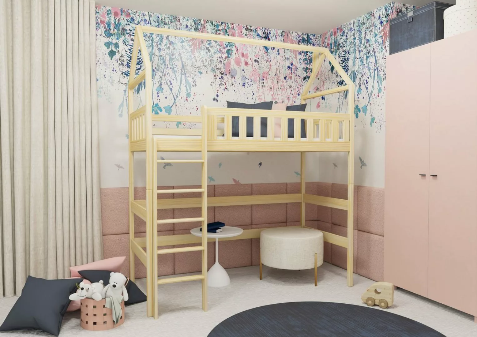 Fun Möbel Hochbett Hausbett Kinderbett MARITA (200x90cm) inkl. Rollrost und günstig online kaufen