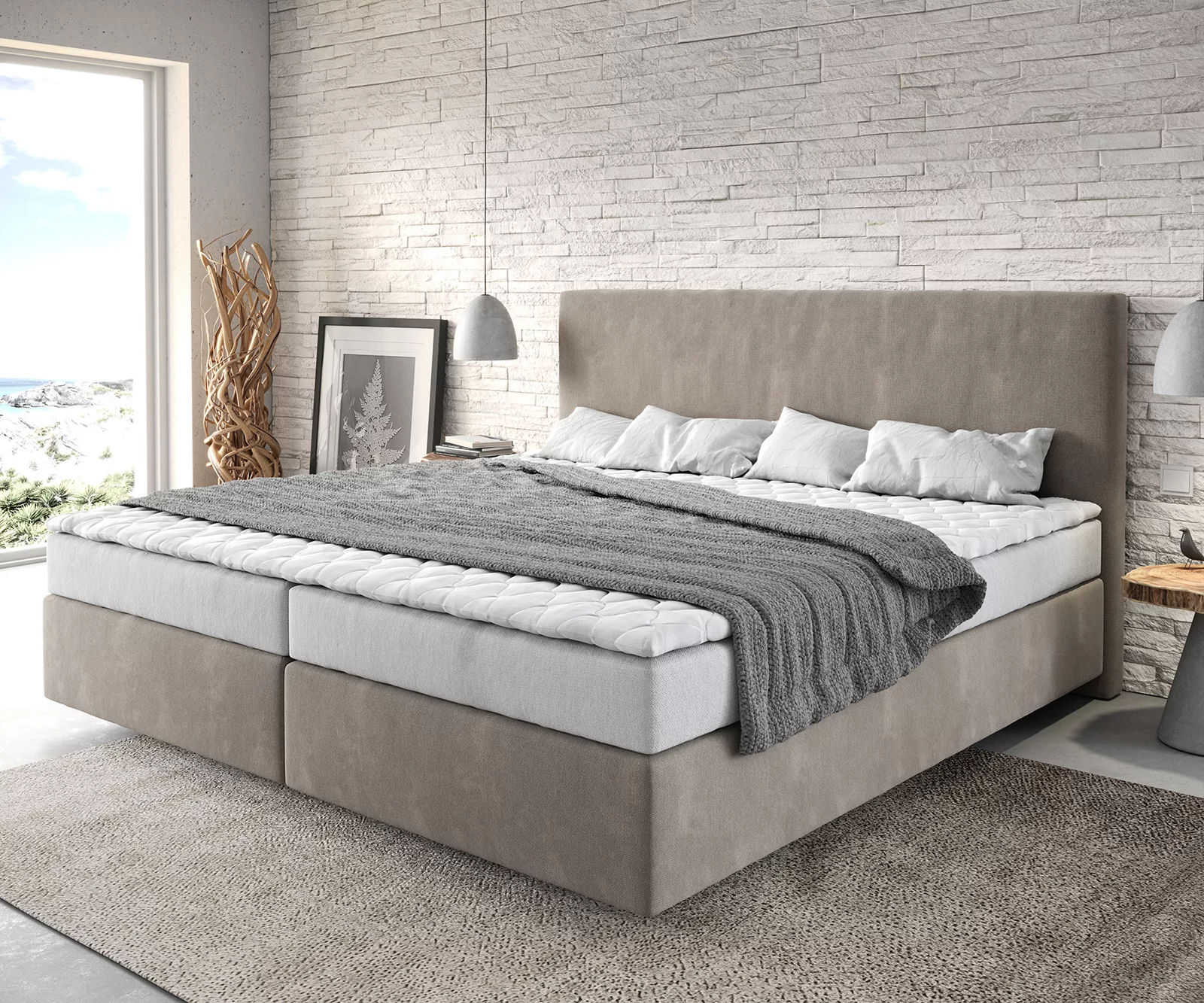 Boxspringbett Dream-Well Mikrofaser Beige 200x200 cm Bonell-Matratze PU-Top günstig online kaufen