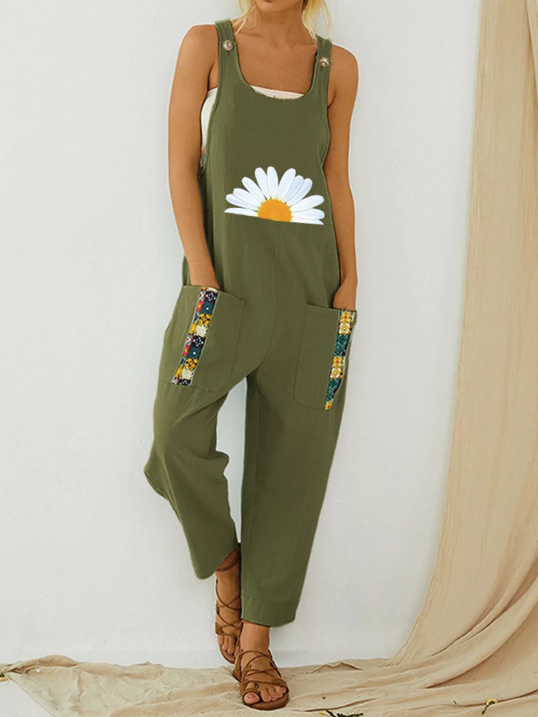 Vintage Daisy Floral Bedruckte Träger Patchwork Jumpsuit Mit Tasche günstig online kaufen