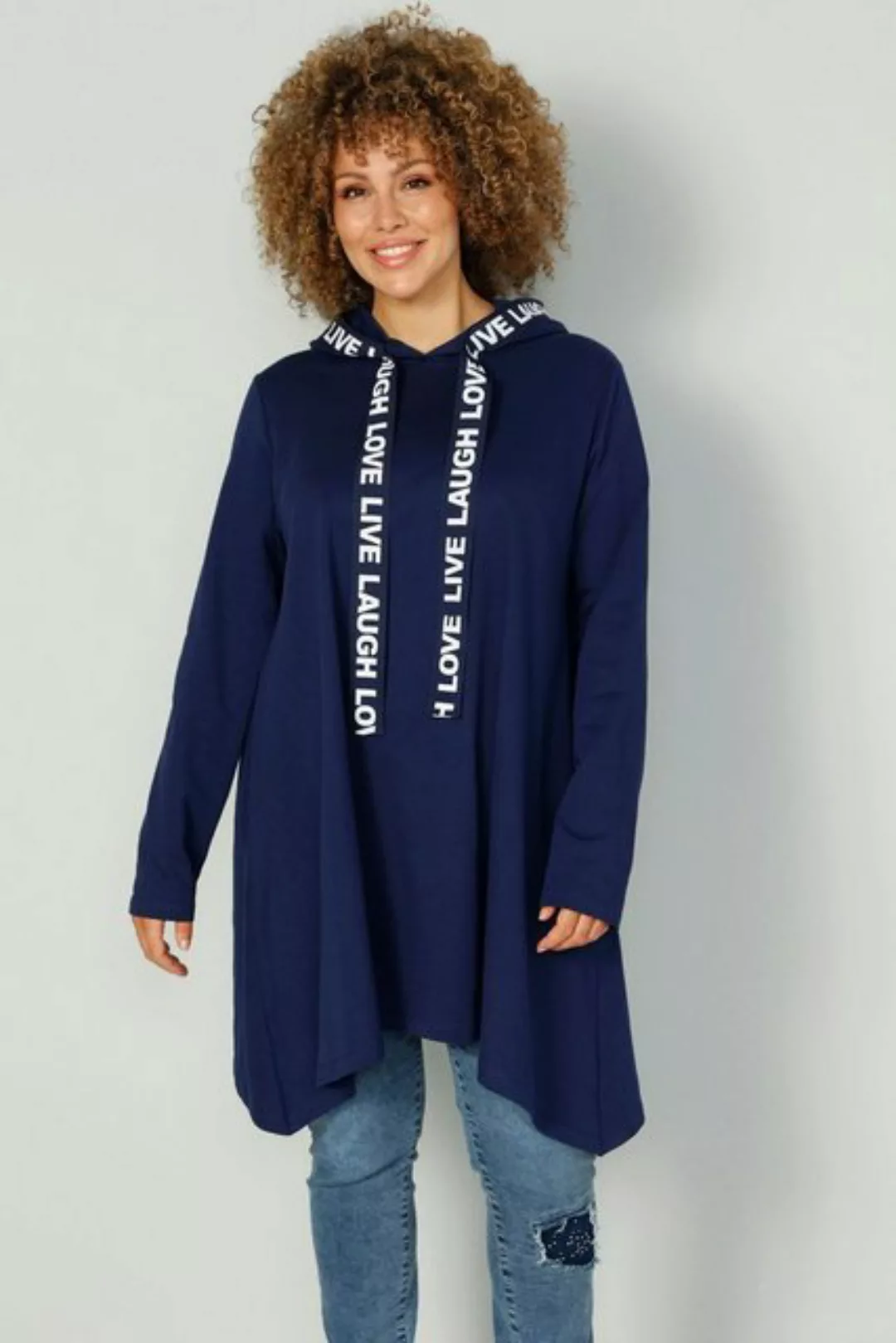 MIAMODA Sweatshirt Long-Hoodie Kapuze mit Schriftband Zipfelsaum günstig online kaufen