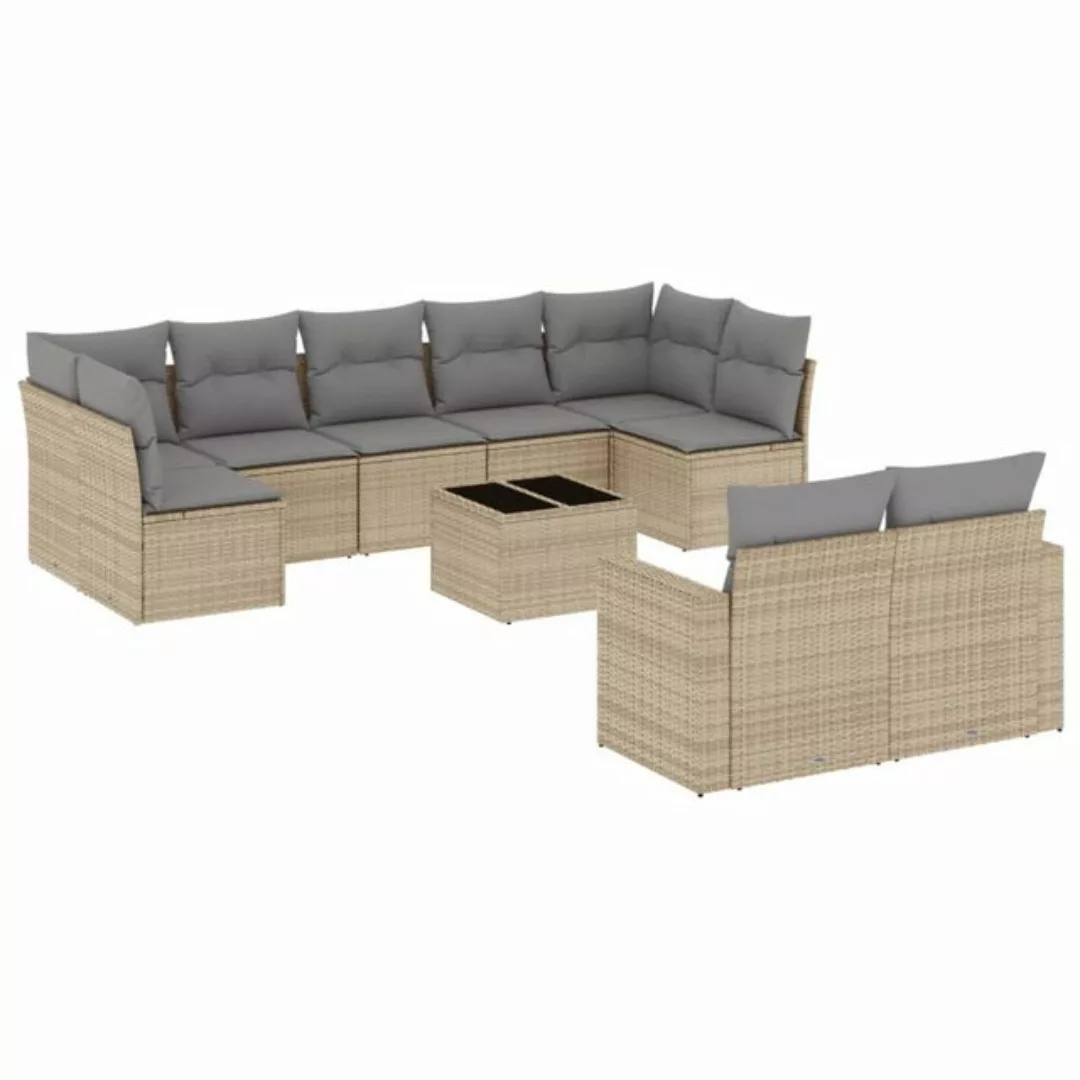 vidaXL Sofaelement 10-tlg. Garten-Sofagarnitur mit Kissen Beige Poly Rattan günstig online kaufen